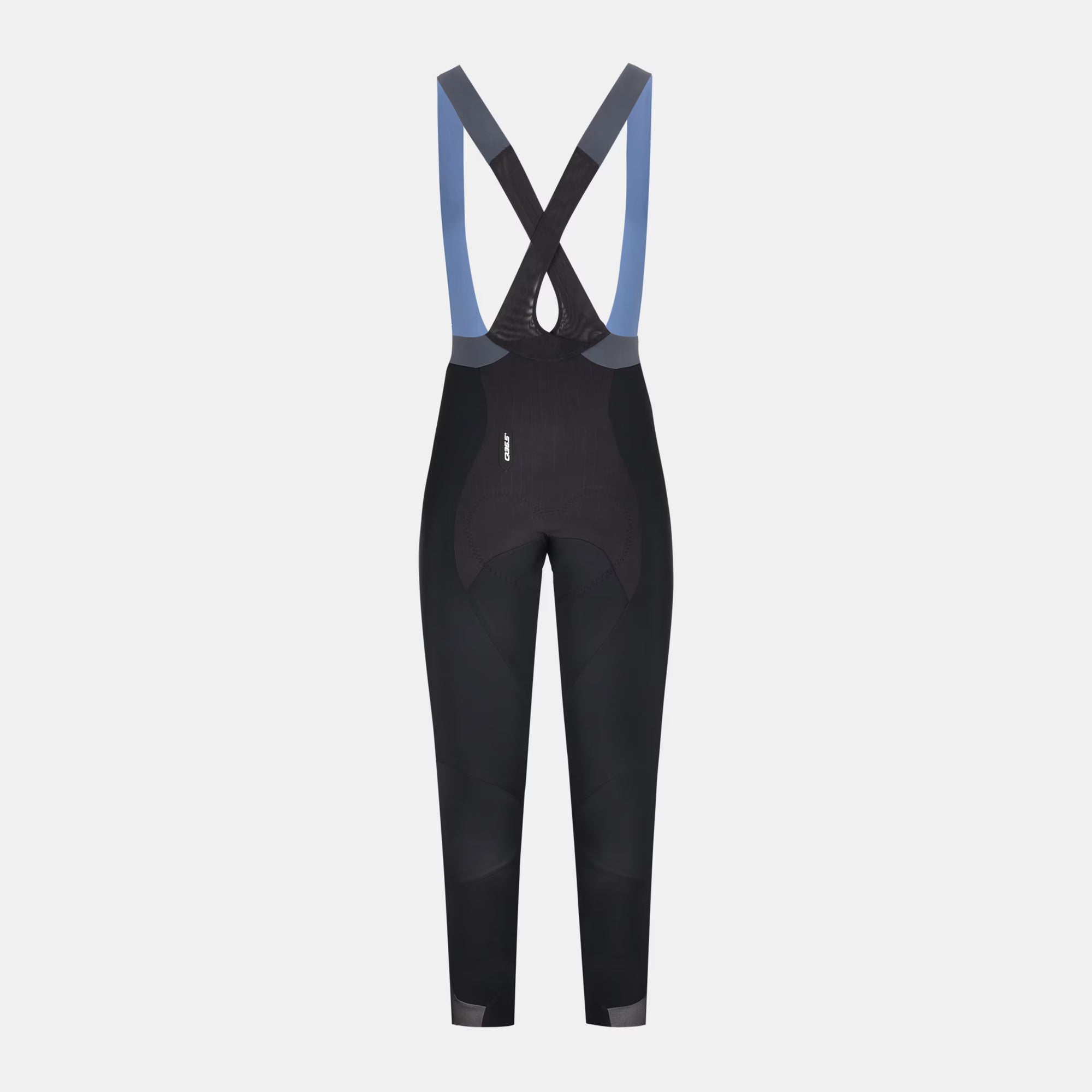 Q36.5 Gregarius Hybrid Light Bib Tights - Women's - Black shown from back with contrast blue straps and ergonomic fit design