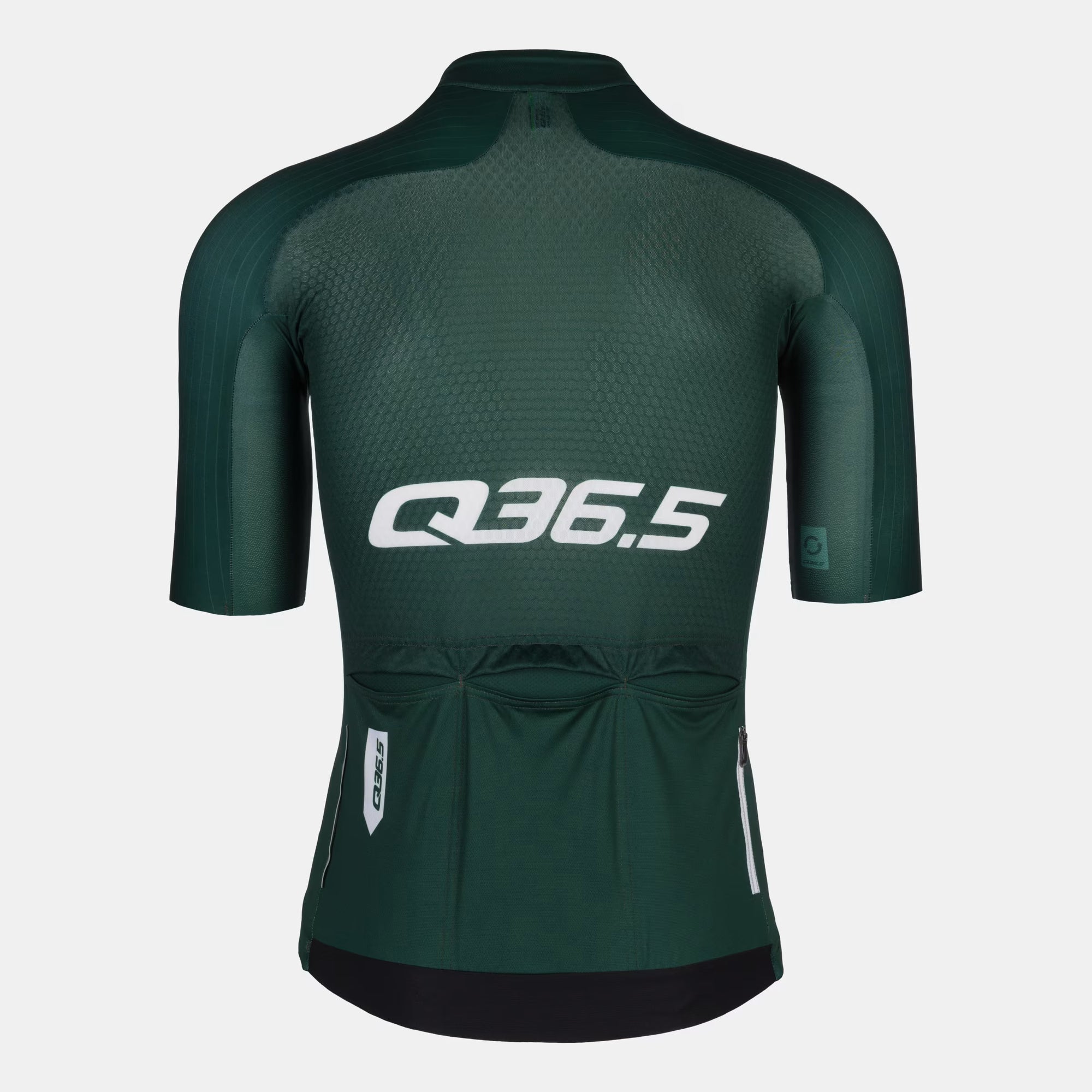Back view of Q36.5 Gregarius Pro Signature Jersey - Men's - Forest Green with textured fabric and rear pockets