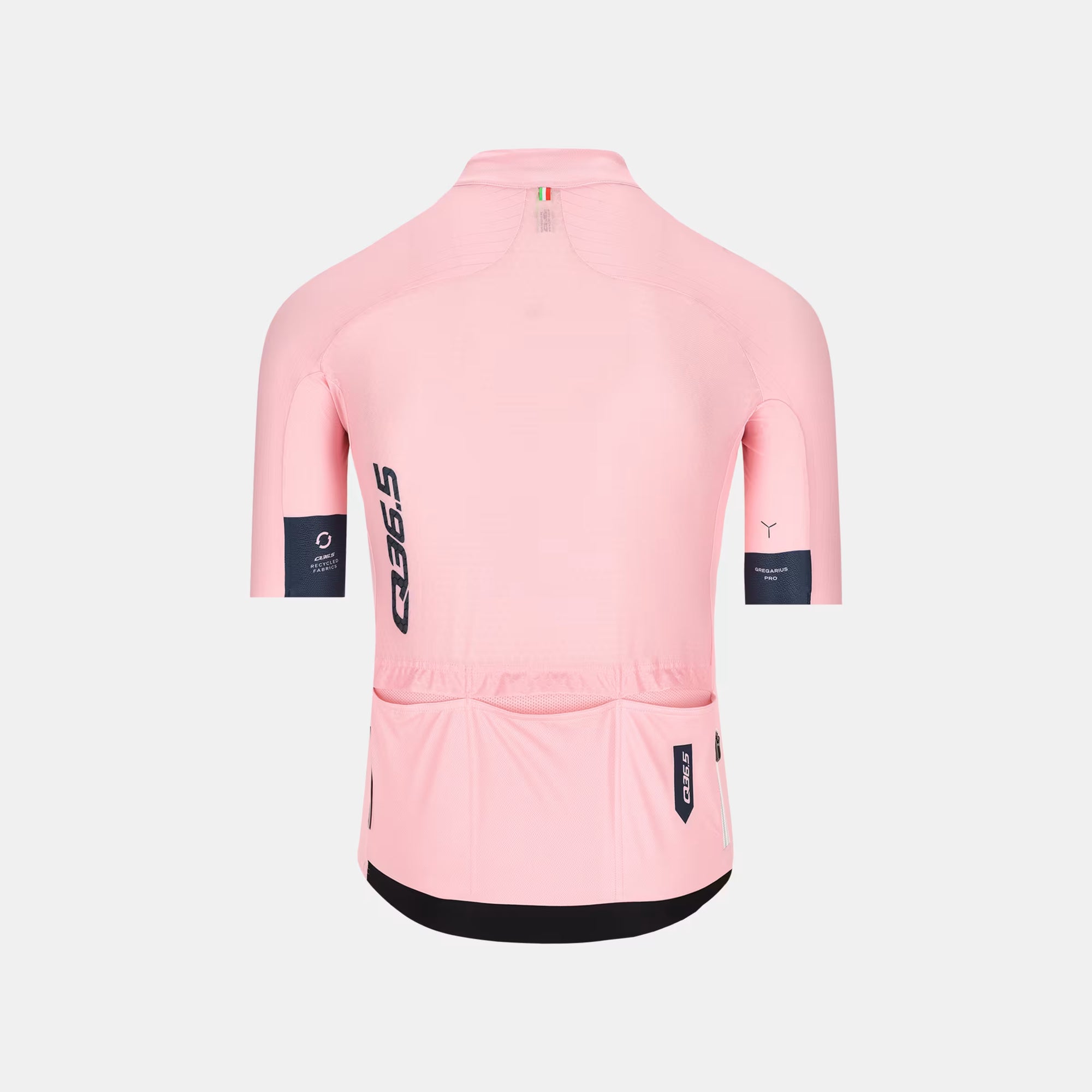 Back view of Q36.5 Gregarius Pro Signature Jersey - Men's - Gazzetta Pink with storage pockets and black sleeve details