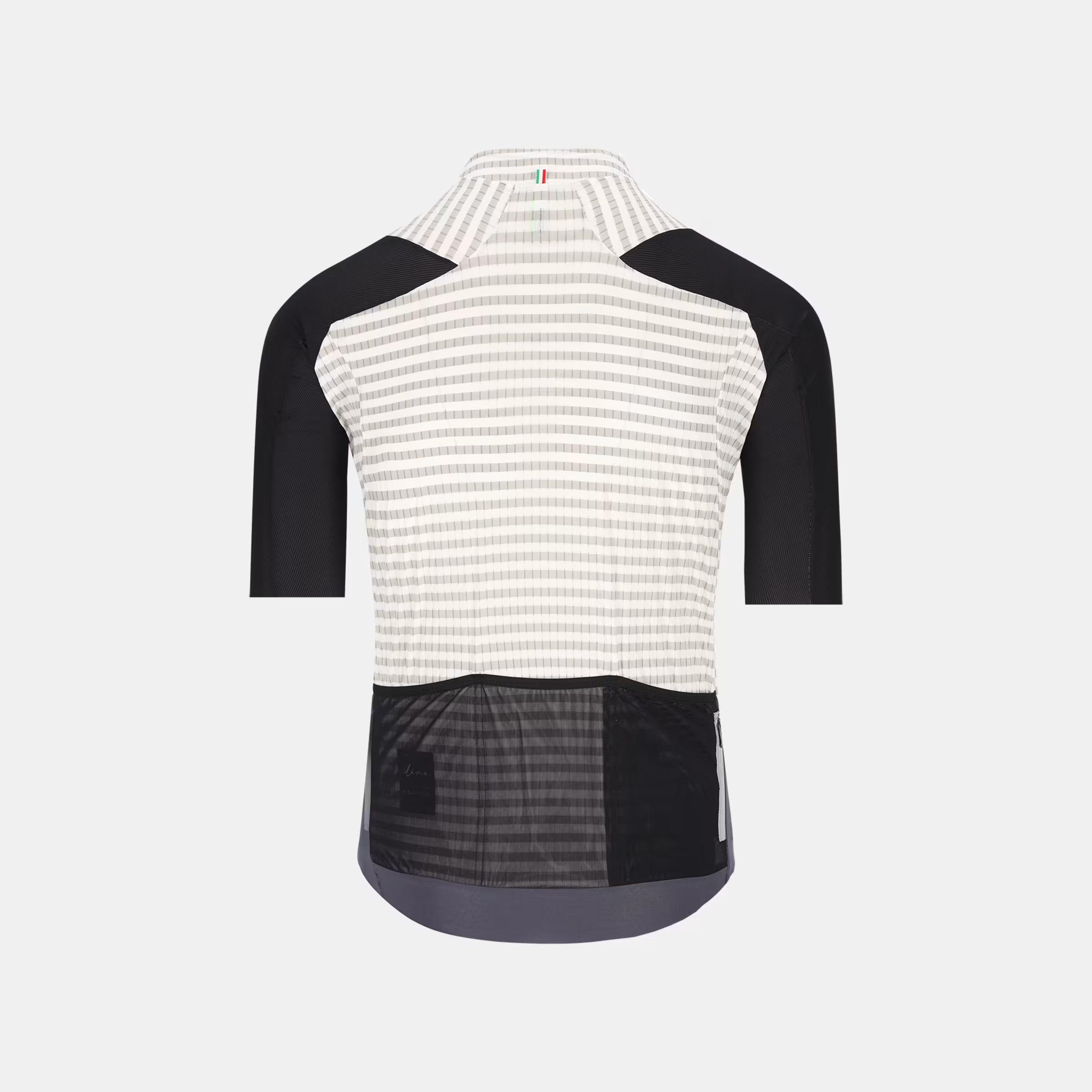 Back view of Q36.5 Dottore Clima Jersey - Men's - White with black sleeves and mesh lower back pockets for ventilation