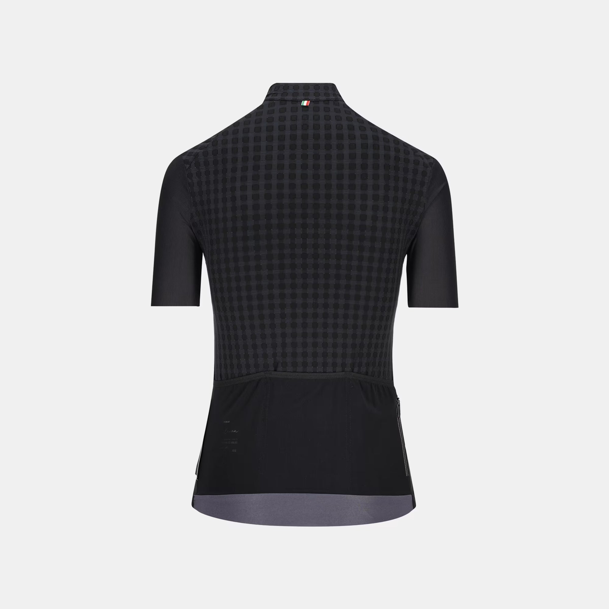 Back view of Q36.5 Dottore Clima Jersey - Woman's - Black with subtle pattern and rear pockets for cycling storage