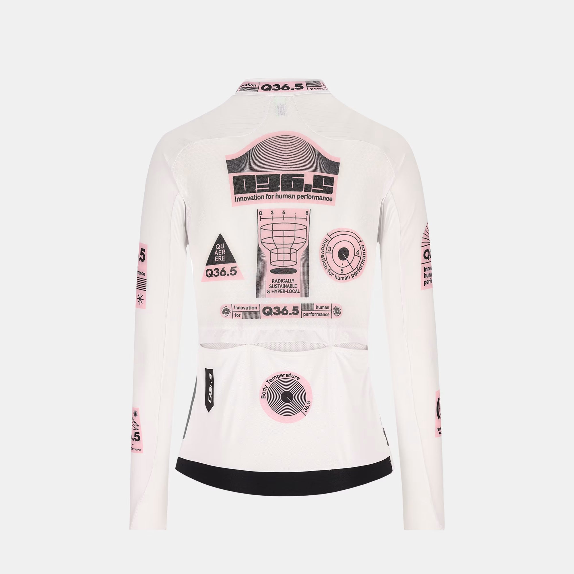 Back view of Q36.5 Gregarius Hybrid Light Retrofuture Long Sleeve Jersey - Women's - White with graphic details and rear pockets