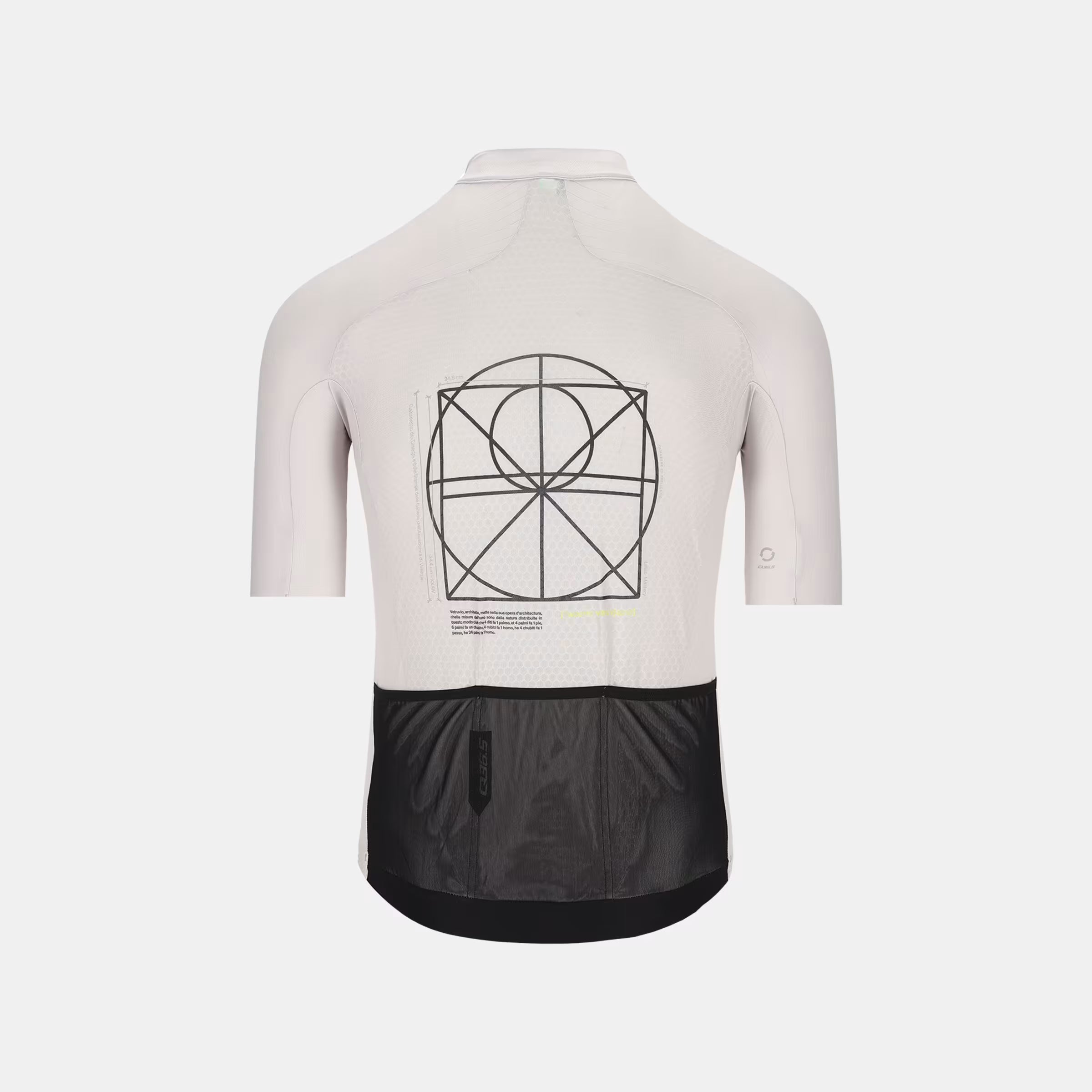 Back view of Q36.5 Gregarius Clima Vitruvian Jersey - Men's - Grey with geometric design and black rear pockets
