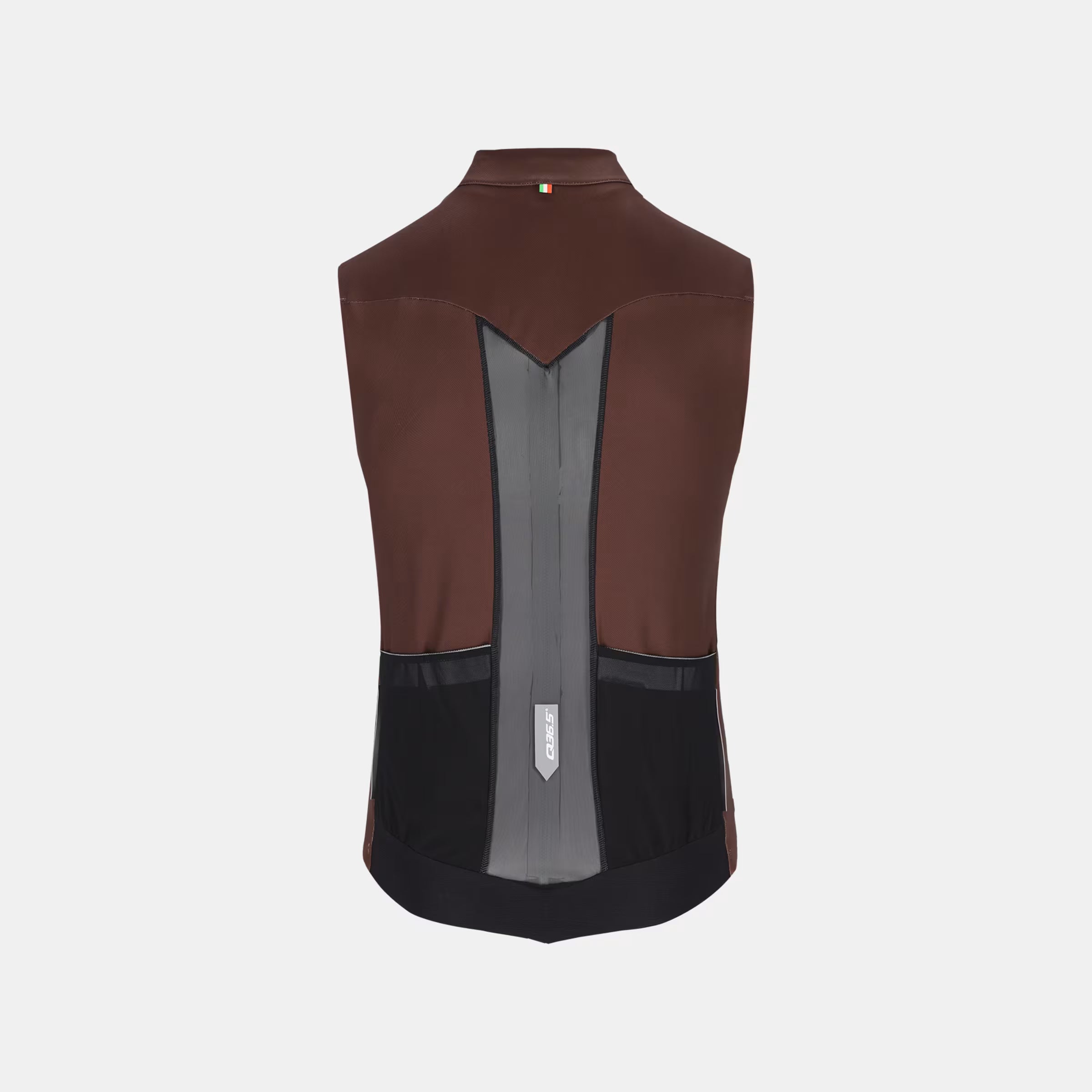 Back view of Q36.5 Gregarius Hybrid Vest - Unisex - Coffee Brown showing mesh panel and fitted cycling design