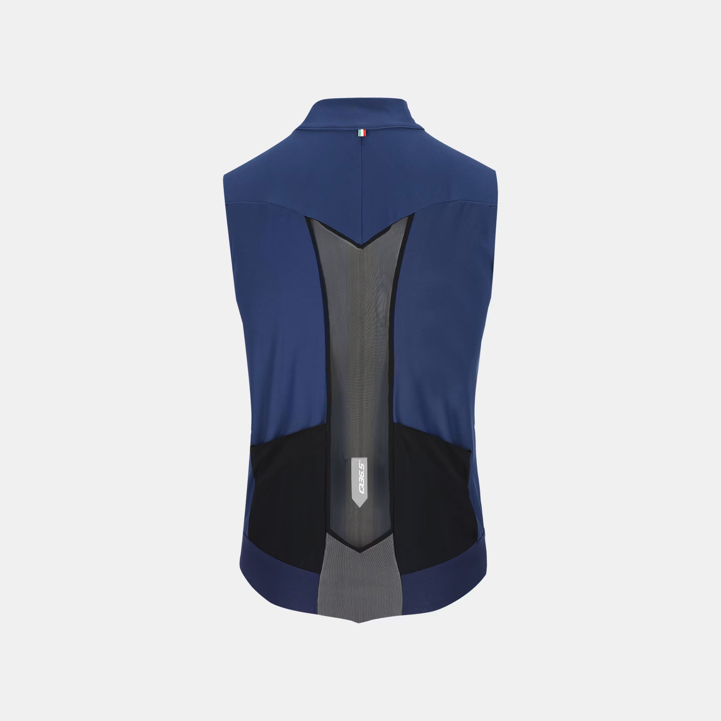 Back view of Q36.5 Dottore Hybrid Vest - Unisex - Navy Blue showing mesh ventilation panels and sleek design