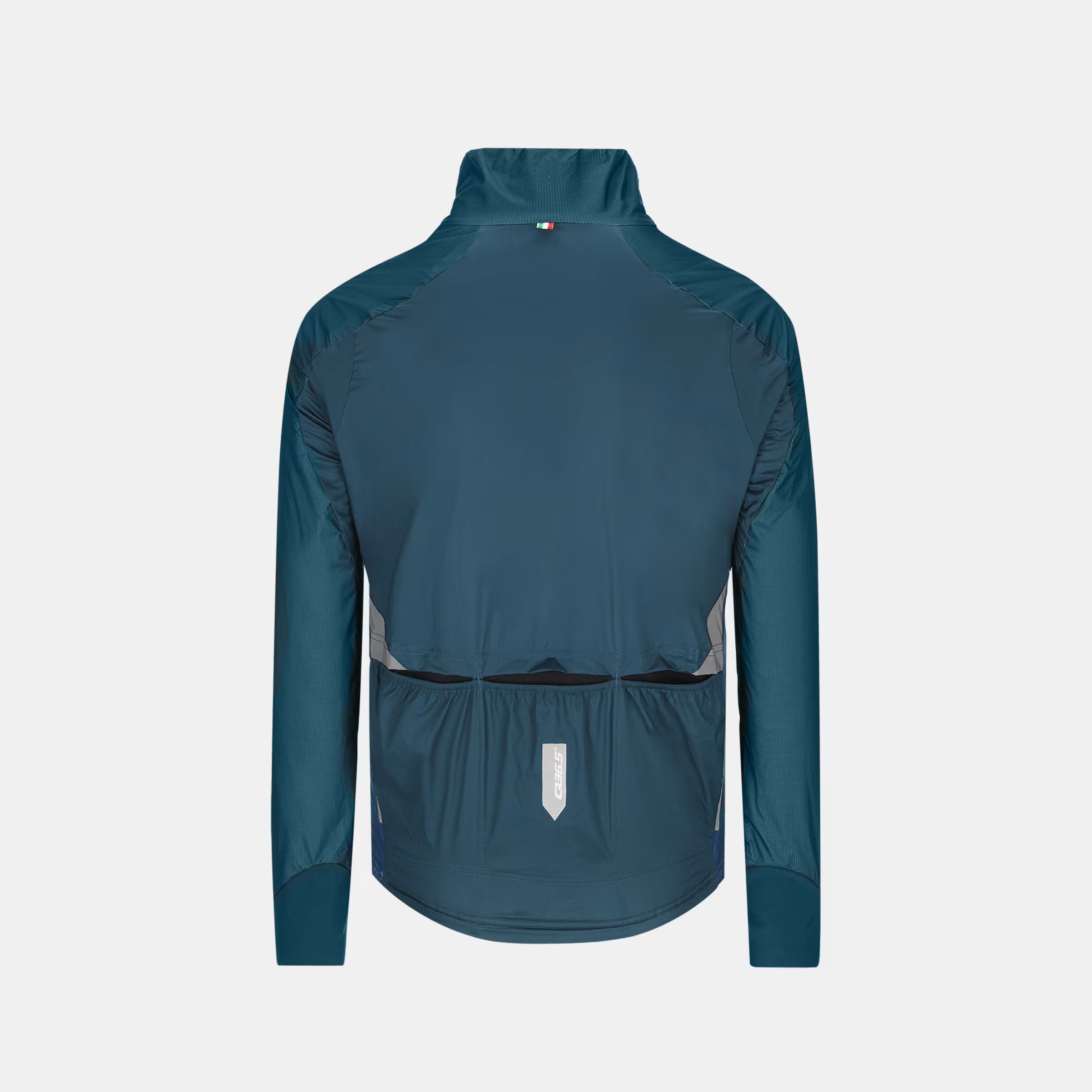 Back view of Q36.5 Adventure Winter Jacket - Men's - Australian Green showing zipped rear pockets and high collar design