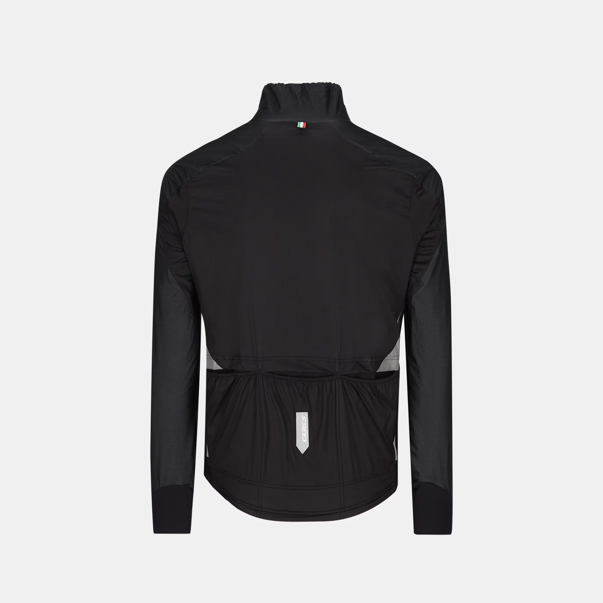 Back view of Q36.5 Adventure Winter Jacket - Men's - Black showing pockets and fitted cuffs for cycling warmth and protection