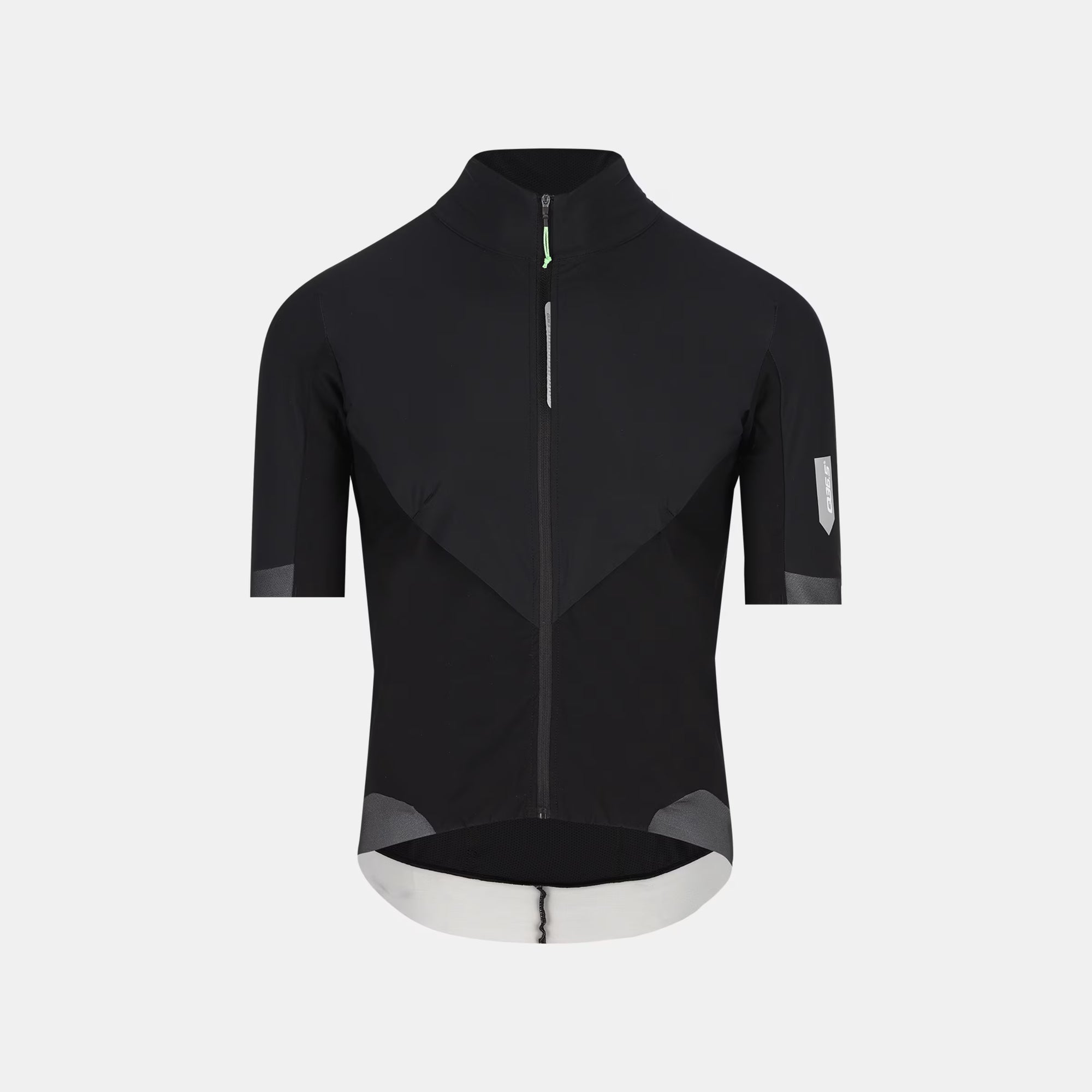 Q36.5 Bat Shell Jersey - Unisex - Black front view showing full zipper and reflective details on short sleeves and hem