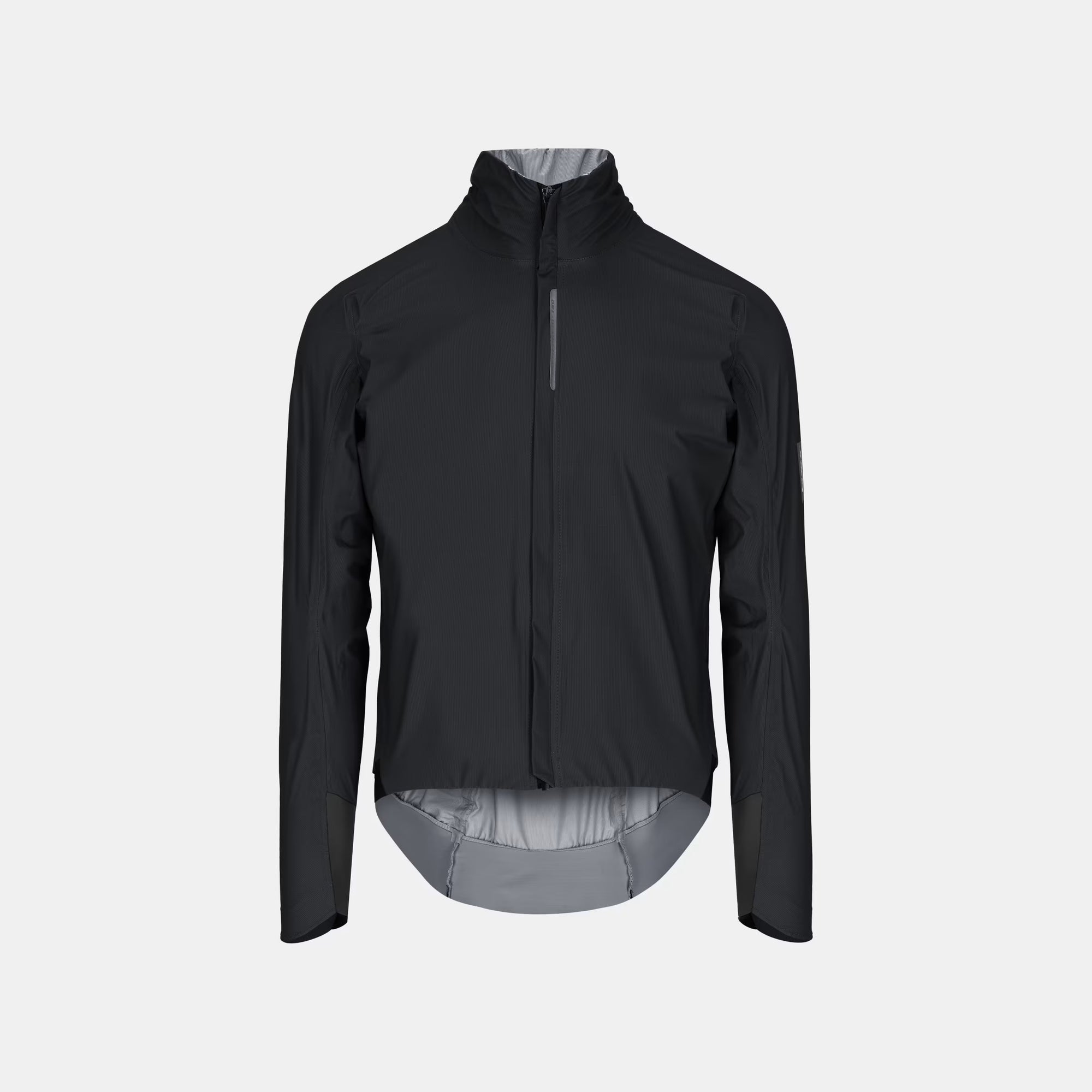 Q36.5 Rain Shell Jacket - Unisex - Black front view with high collar and full zip, designed for lightweight rain protection