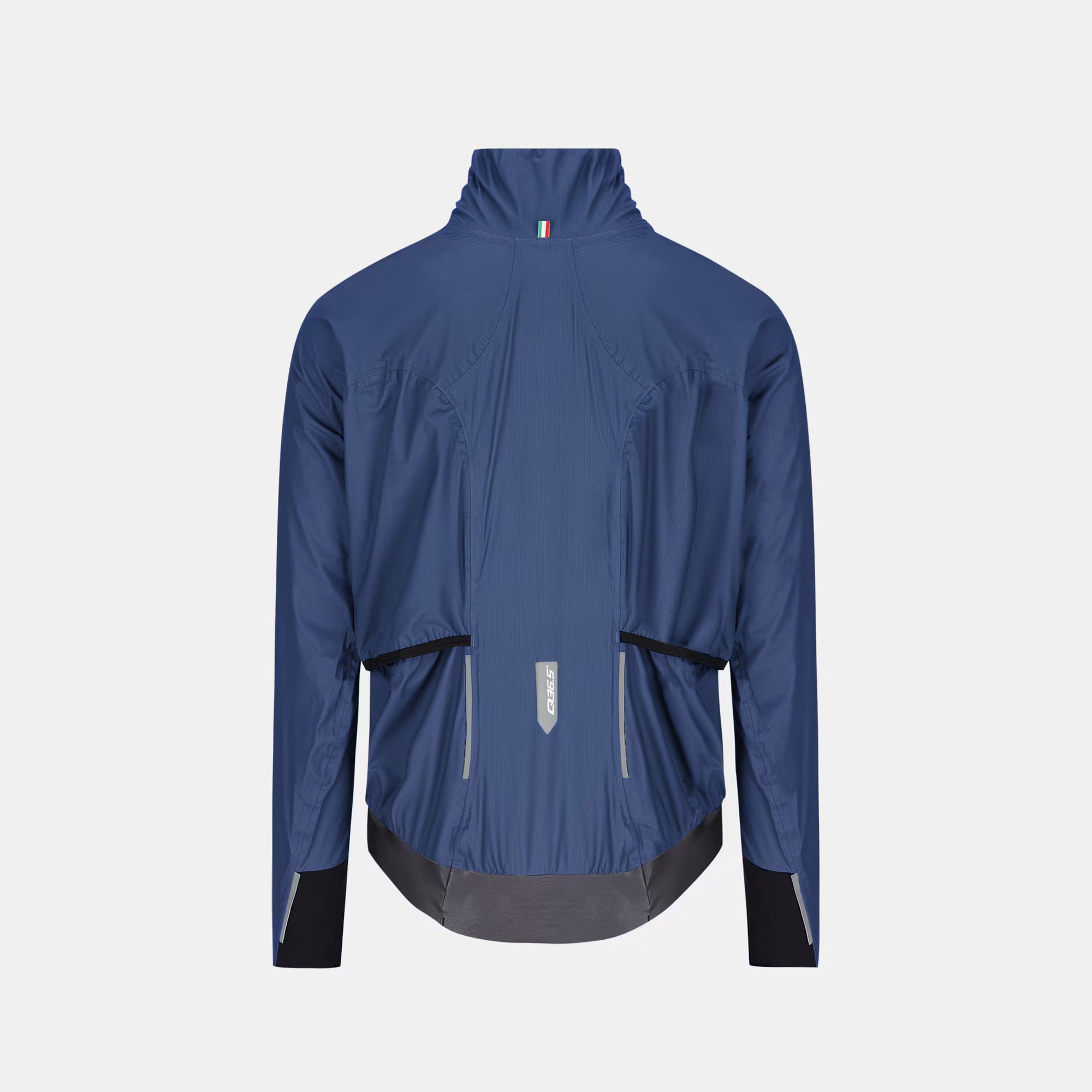Back view of Q36.5 Rain Shell Jacket - Unisex - Navy Blue with high collar and reflective details for visibility