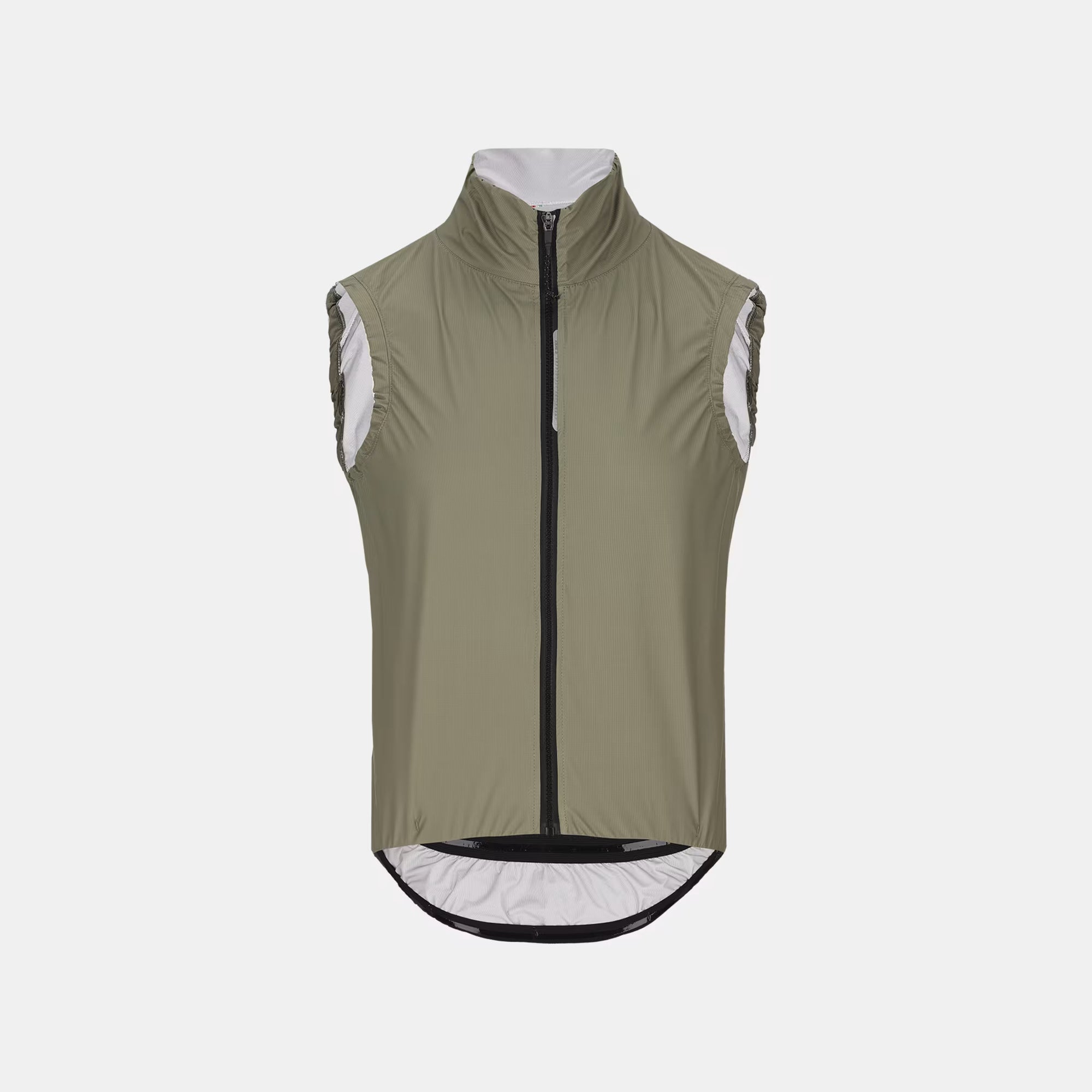 Q36.5 Rain Shell Vest - Unisex - Olive Green front view showing full zip and streamlined fit against white background