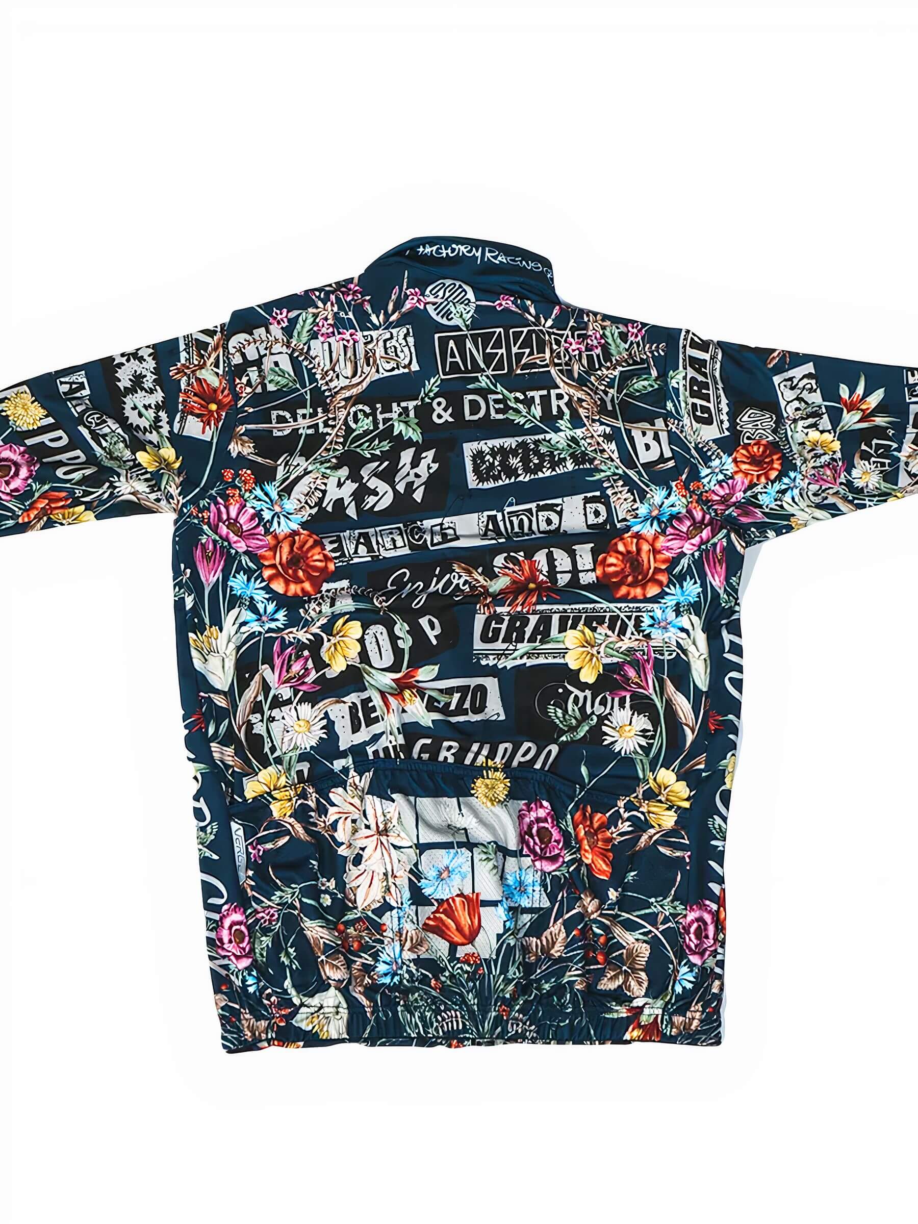 Back view of Ostroy Punk Flowers Jersey - Men's featuring floral and punk graphics on dark fabric with rear pockets