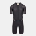 Q36.5 Dottore Clima Road Skinsuit - Black front view showing full zip and aerodynamic fit with short sleeves and integrated shorts
