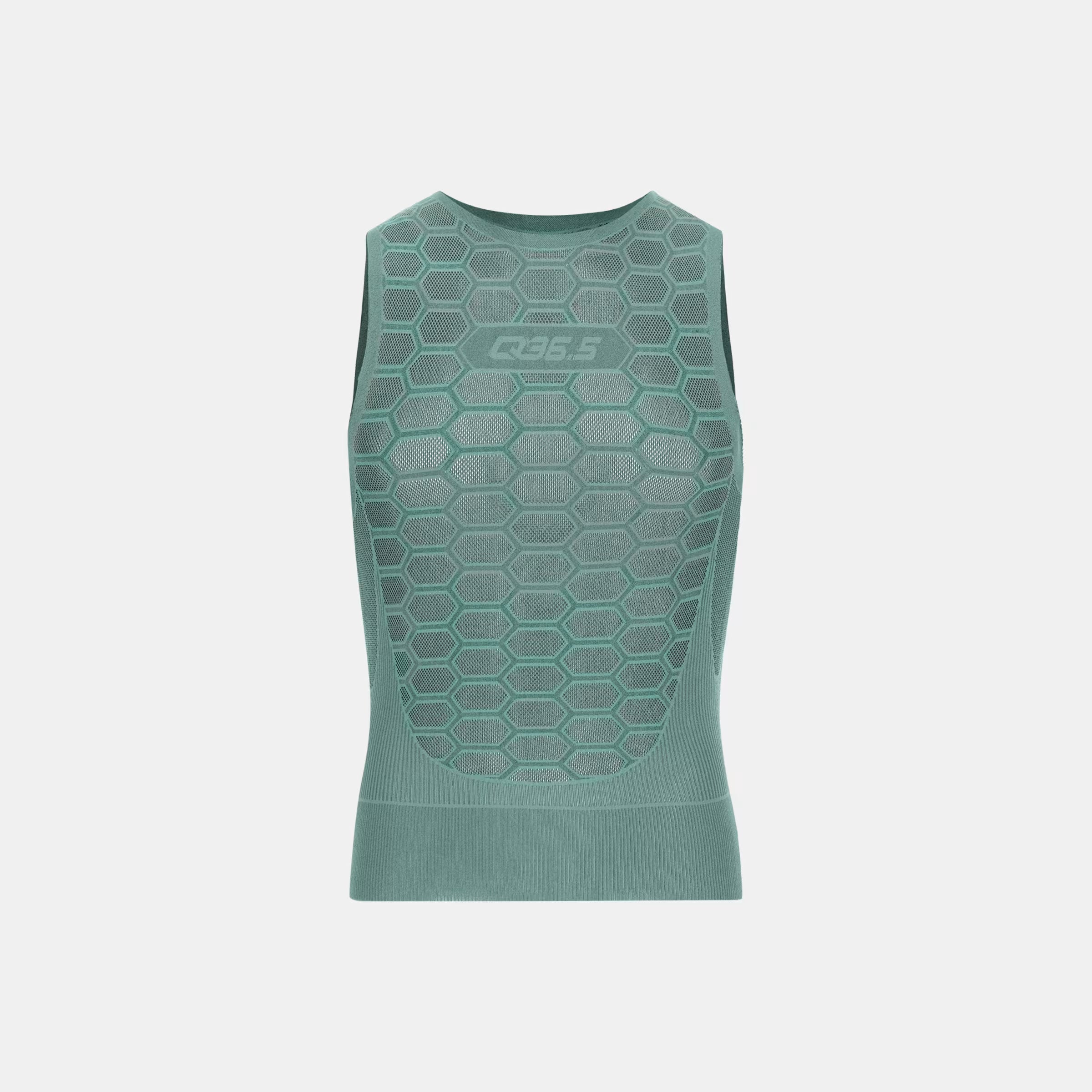 Q36.5 Base Layer 1 Sleeveless - Olive Green with hex pattern and breathable fabric for lightweight cycling comfort