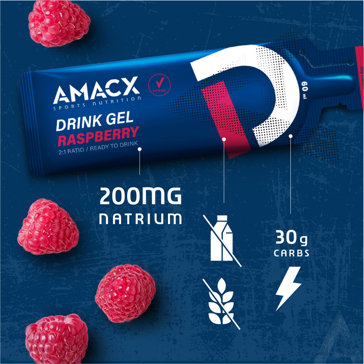 Drink Gel Raspberry | 12-pack shows a close-up of one gel packet with raspberries on a blue background, gallery image 3
