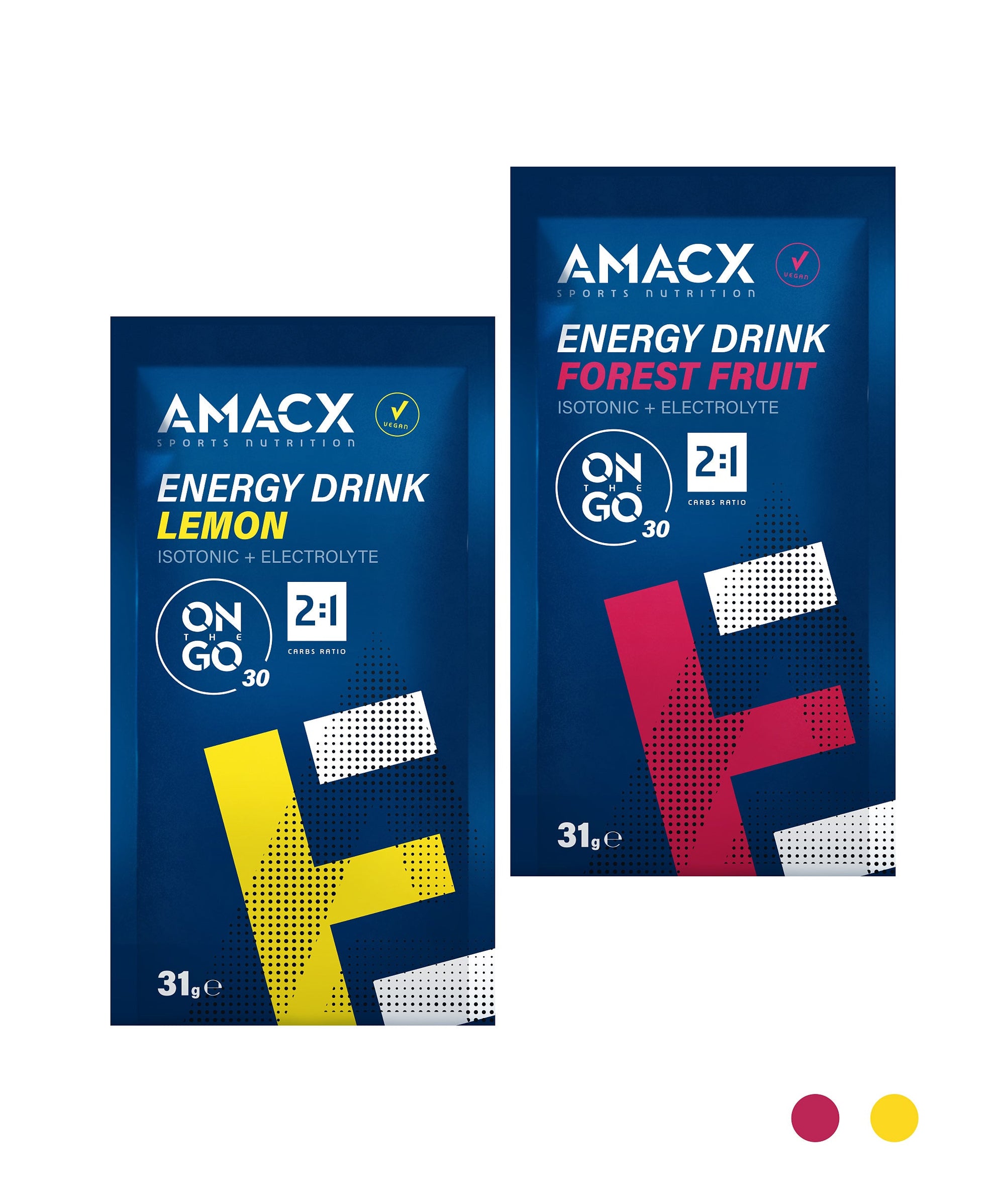 Energy Drink On The Go | 12 pack showing lemon and forest fruit isotonic sachets in portrait orientation, gallery position 1