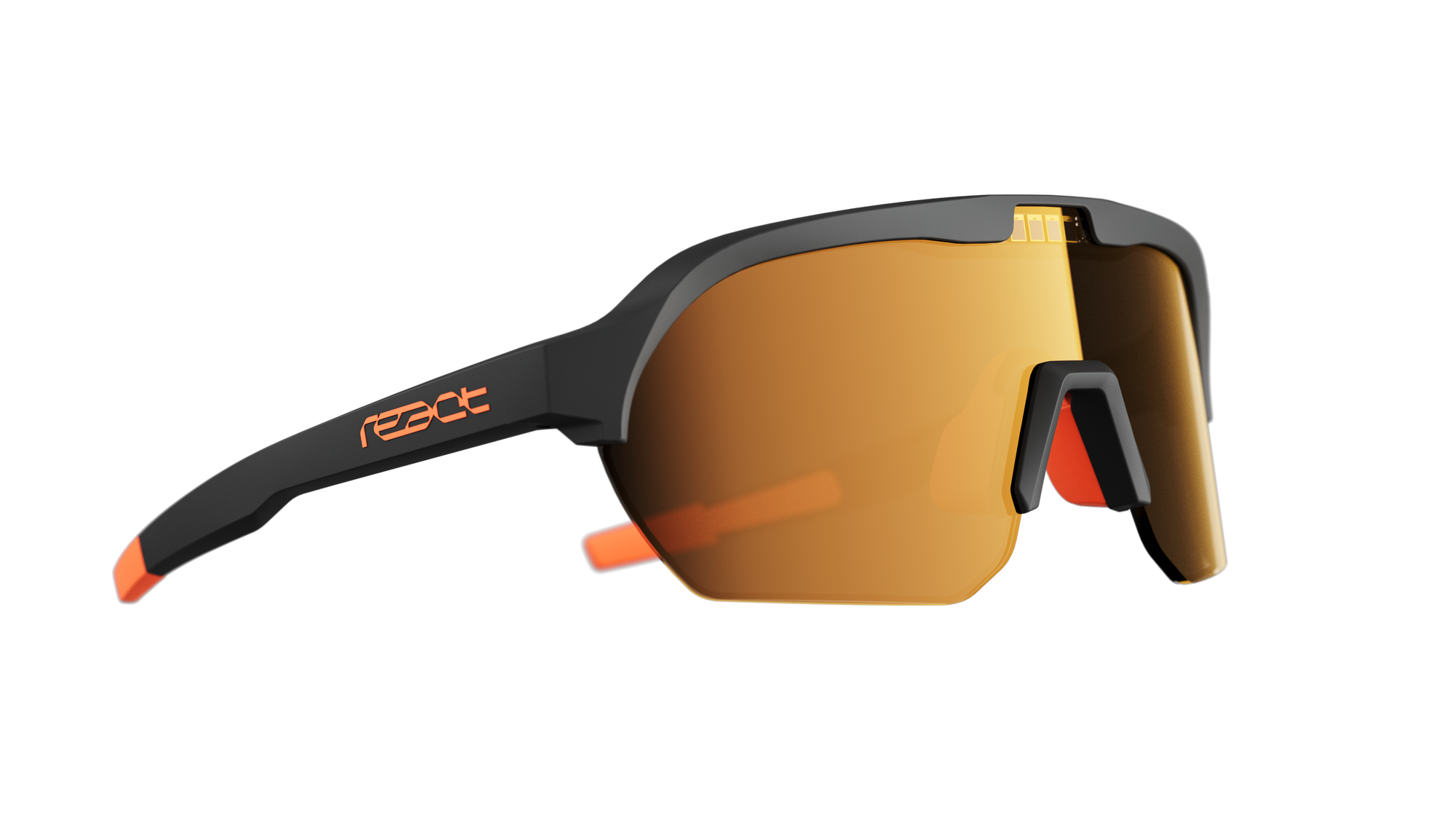 REACT Optray Sunglasses in black with orange accents and large wraparound amber lenses for sports performance