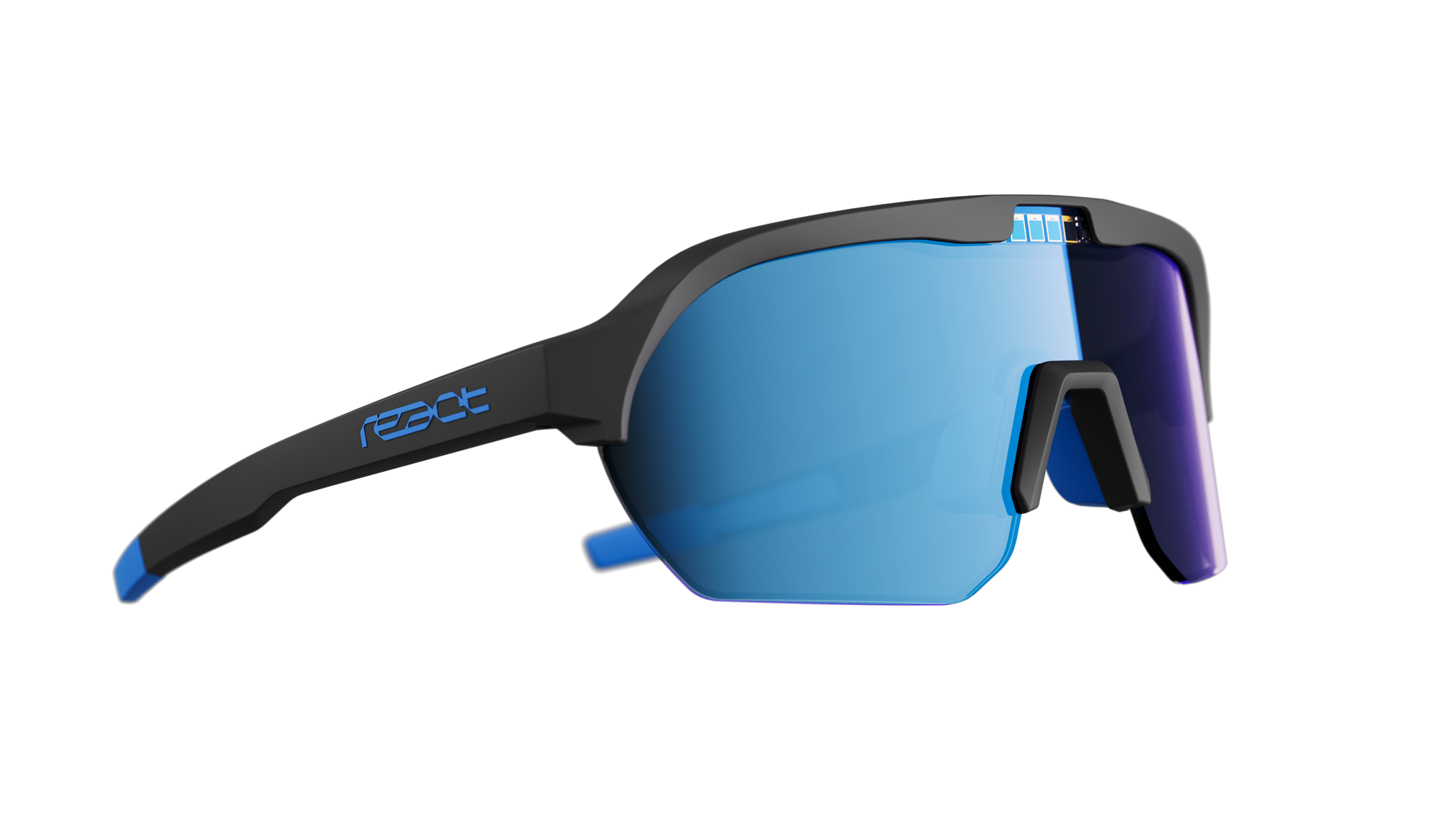 Side view of black and blue REACT Optray Sunglasses with reflective blue and purple lenses against white background