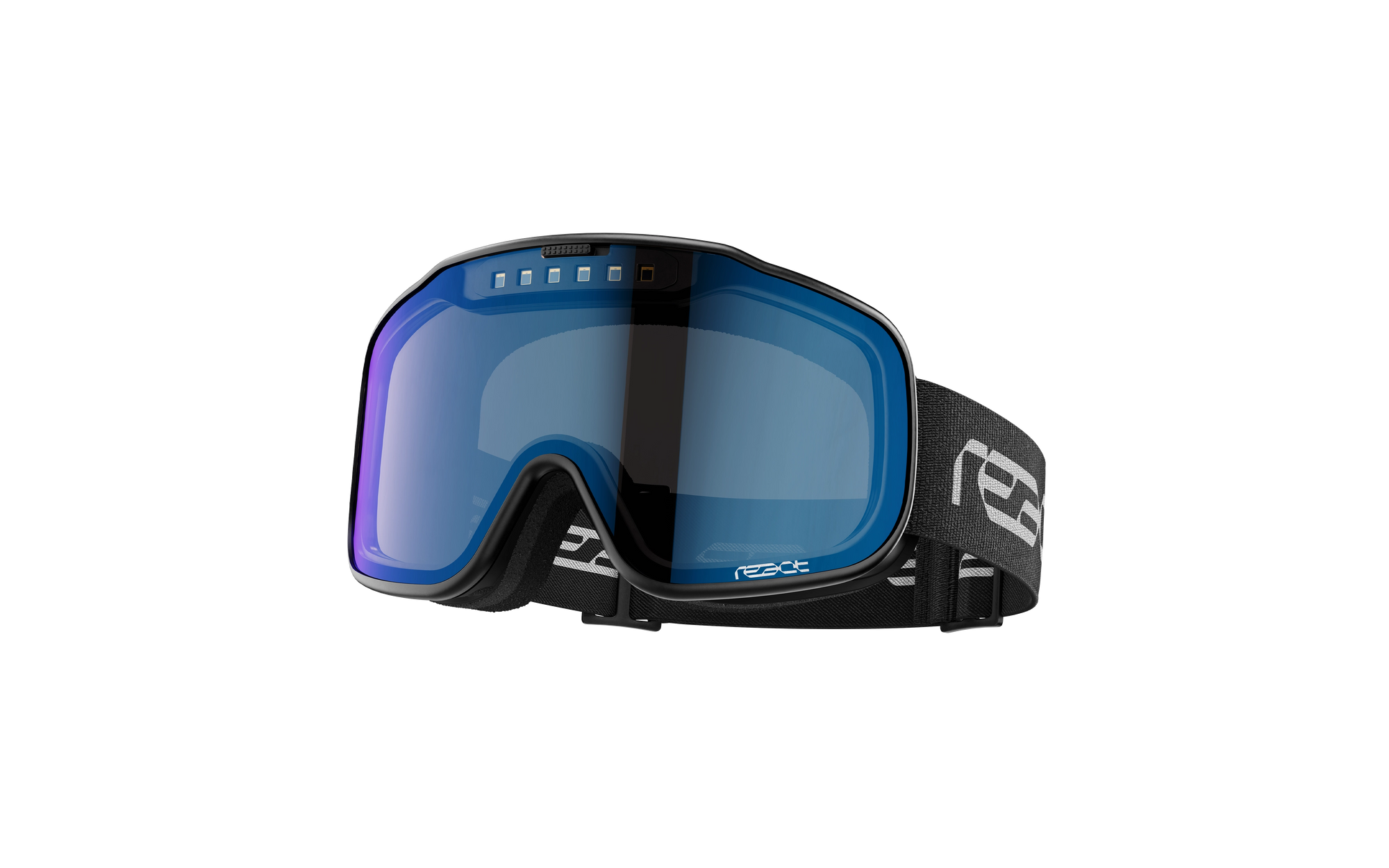 REACT Sight 2.0 Black Goggles with blue tinted lens and adjustable black strap for outdoor sports and skiing