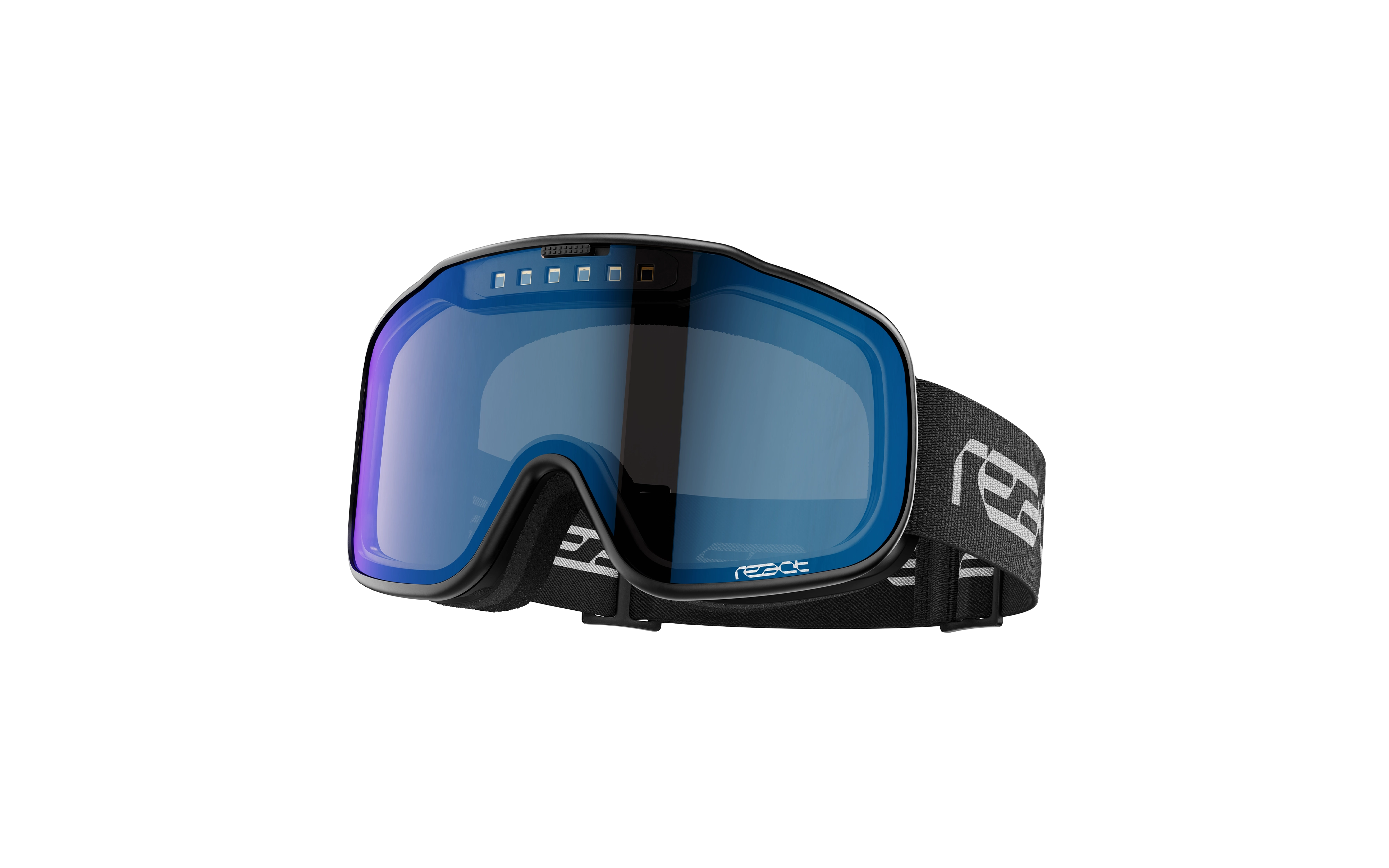 REACT Sight 2.0 Black Goggles with blue tinted lens and adjustable black strap for outdoor sports and skiing