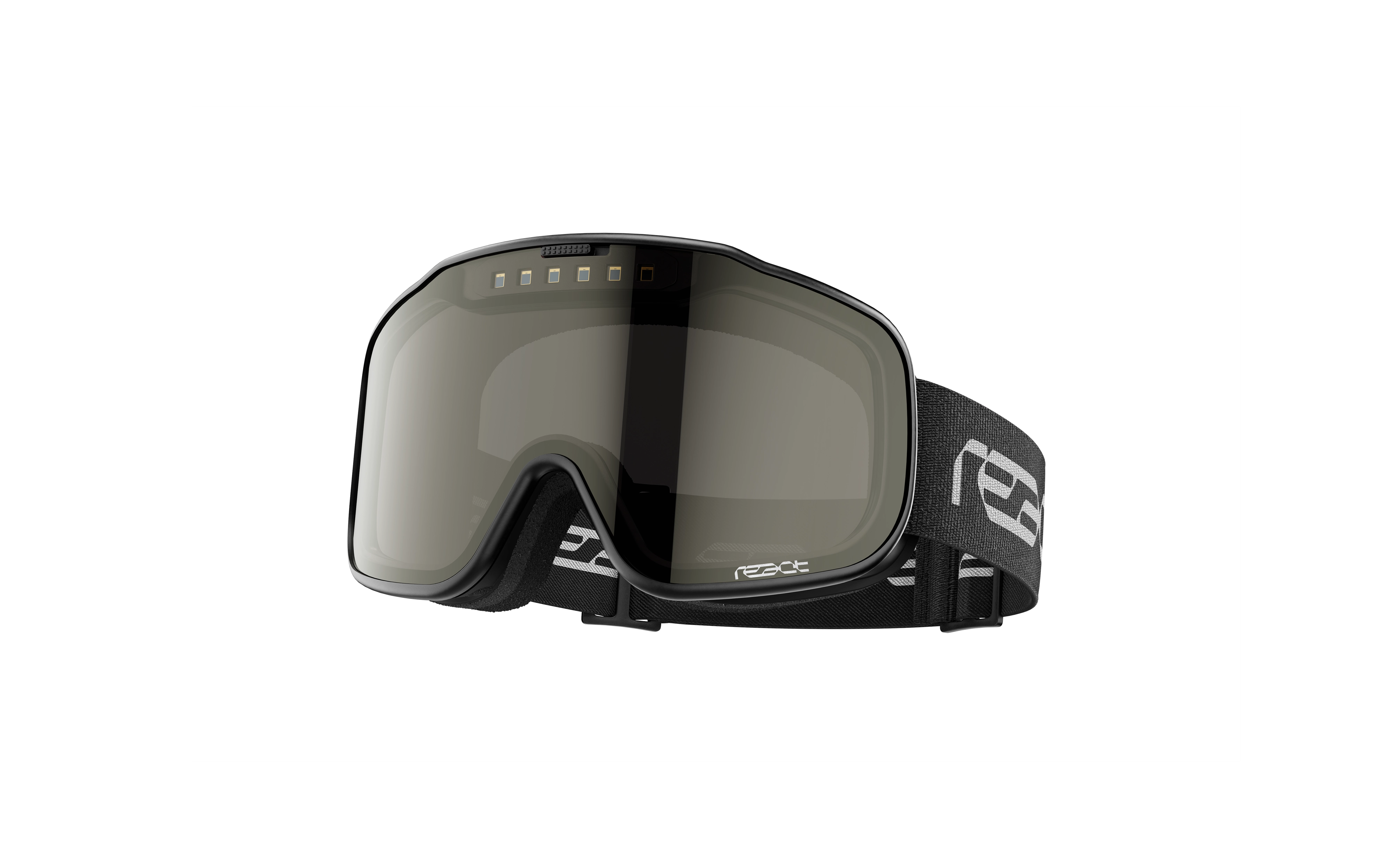 REACT Sight 2.0 Black Goggles angled view showing sleek black frame and tinted lens with branded adjustable strap