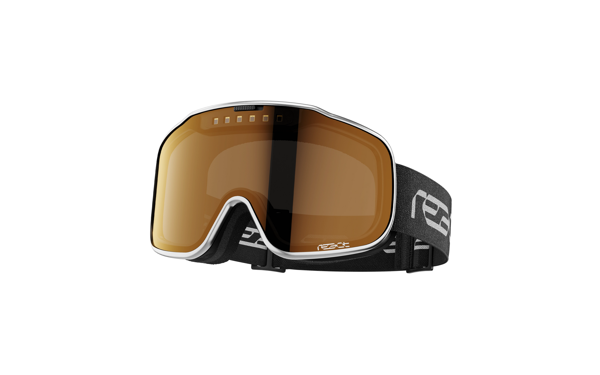 REACT Sight 2.0 Silver Goggles with amber tinted lens and adjustable black strap featuring bold white logo design