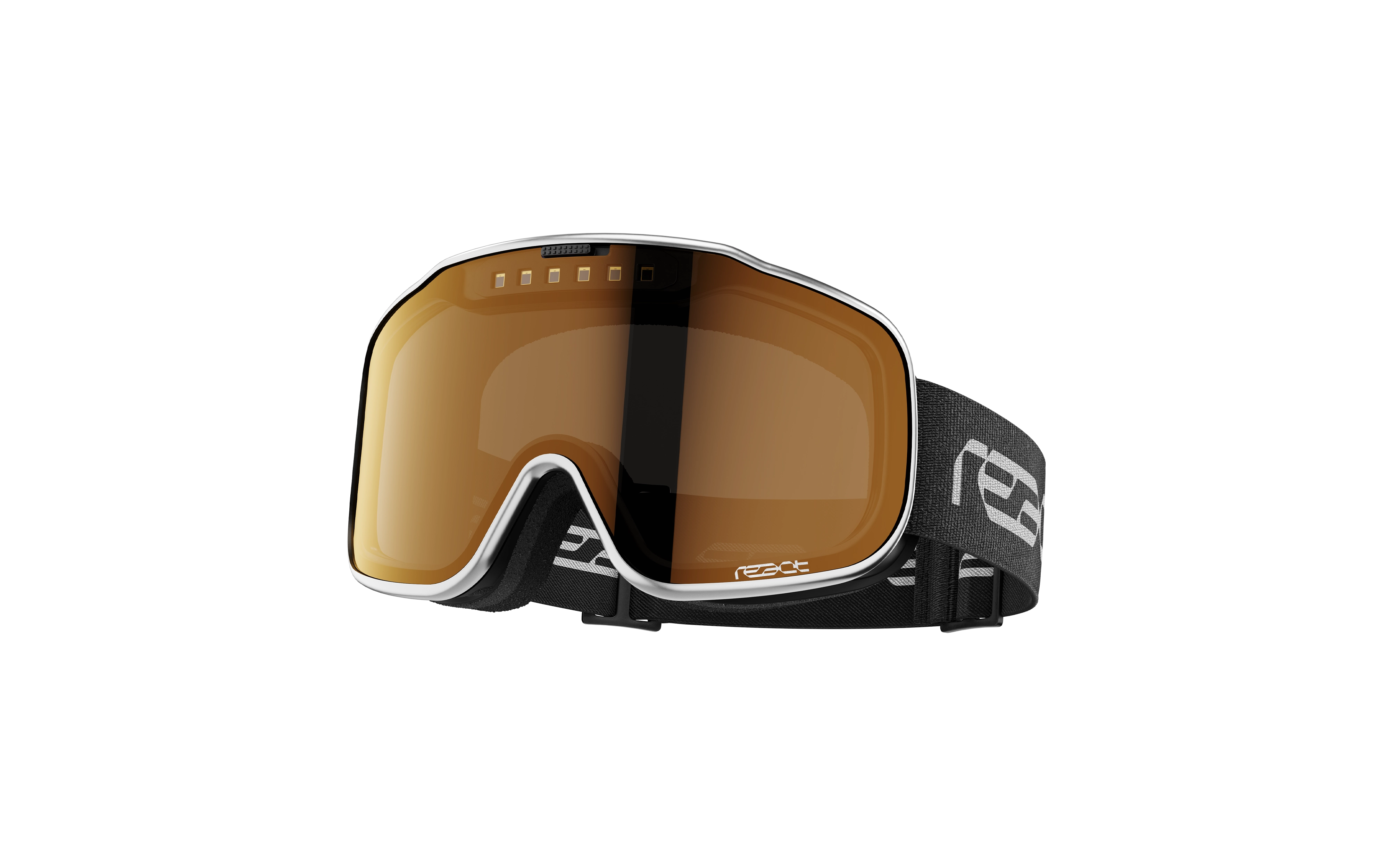 REACT Sight 2.0 Silver Goggles with amber tinted lens and adjustable black strap featuring bold white logo design