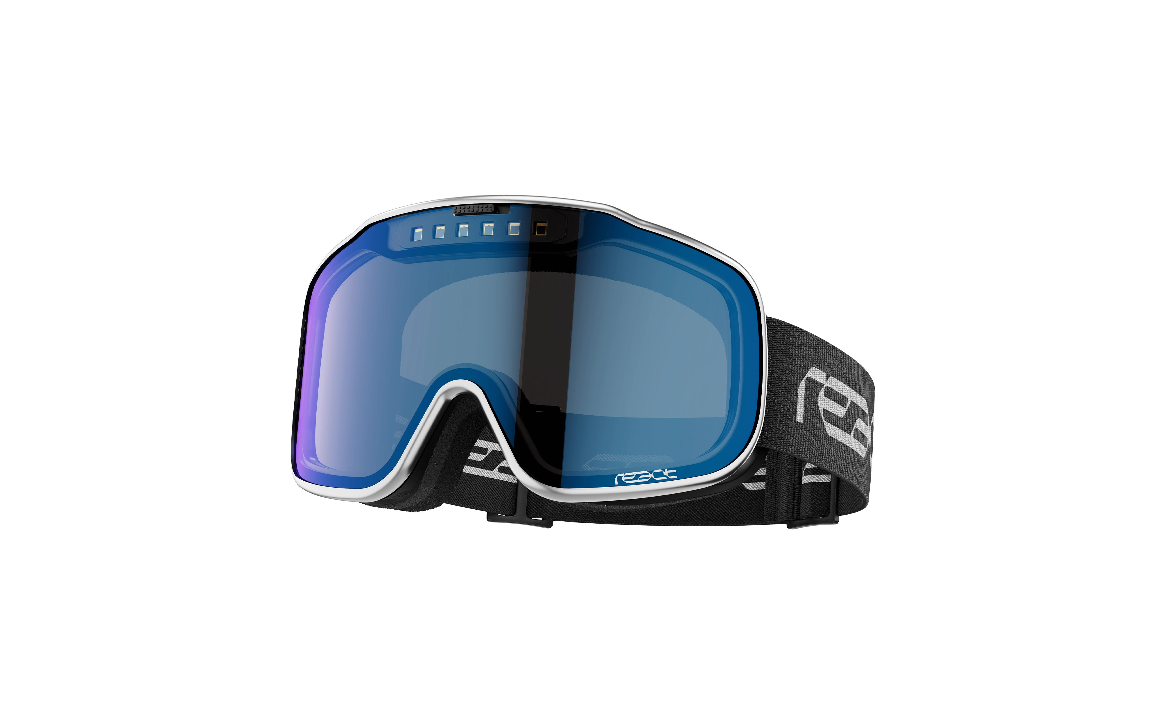 REACT Sight 2.0 Silver Goggles with reflective blue lens and black adjustable strap against white background