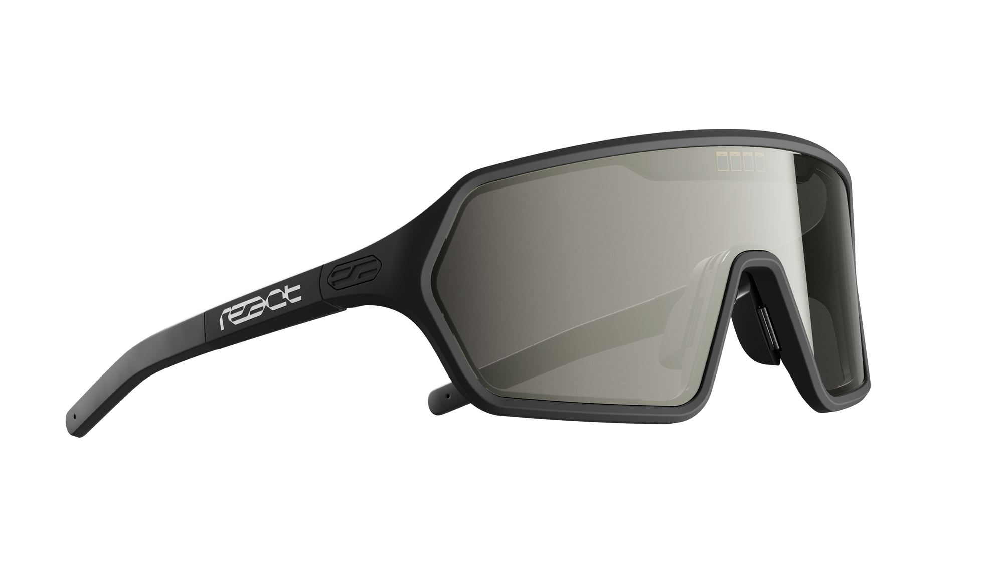 REACT Rev Black Sunglasses side view showing angular black frame and tinted adaptive lenses for outdoor use