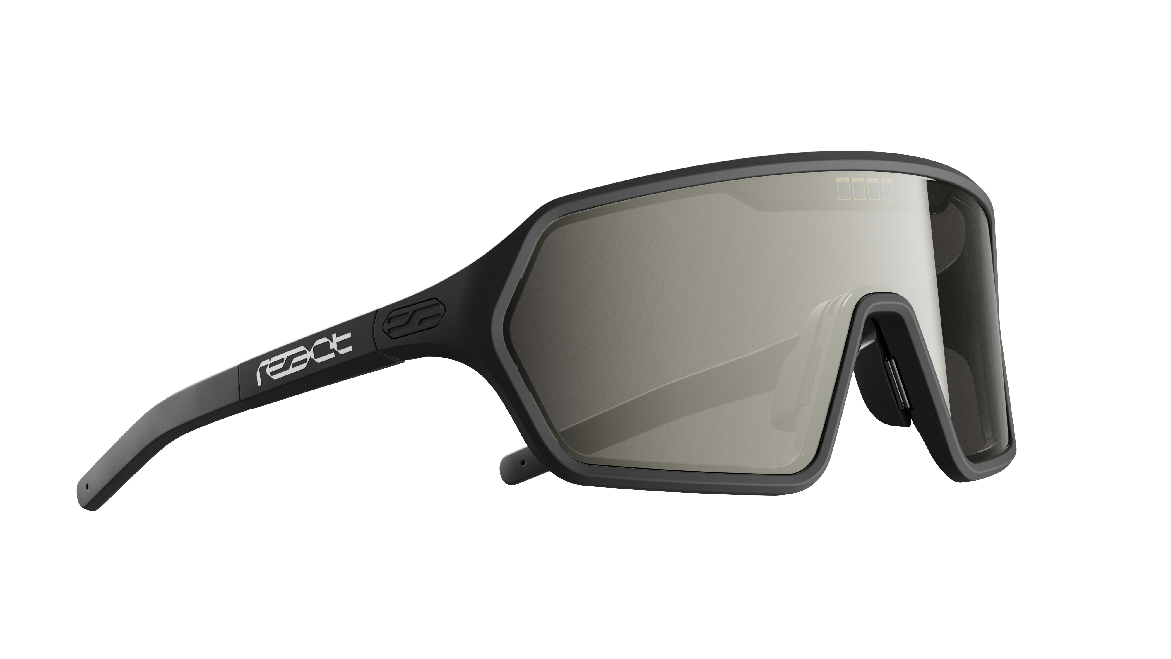 REACT Rev Black Sunglasses side view showing angular black frame and tinted adaptive lenses for outdoor use