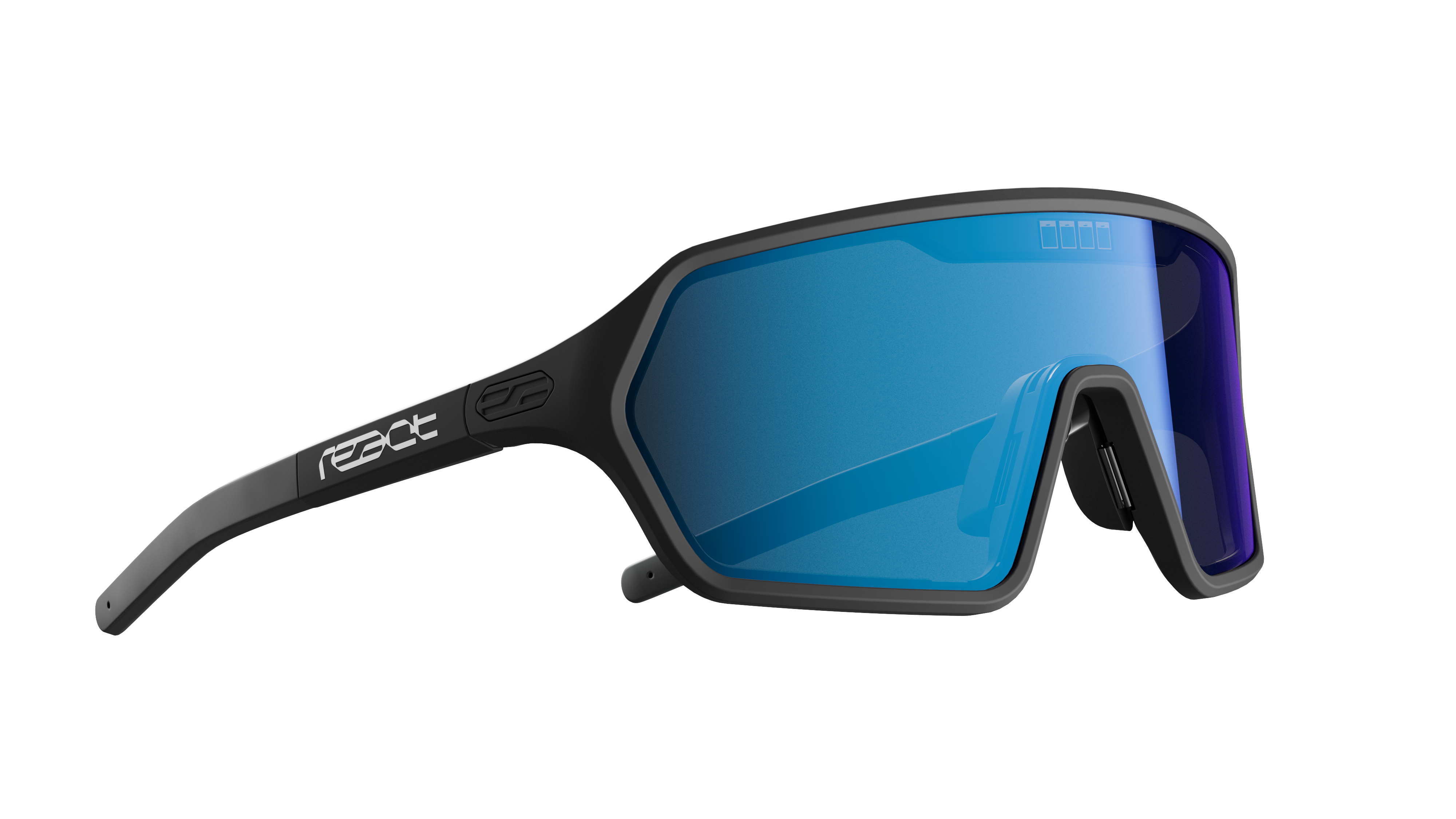 REACT Rev Black Sunglasses with blue lenses and adjustable temples shown in side angle on white background