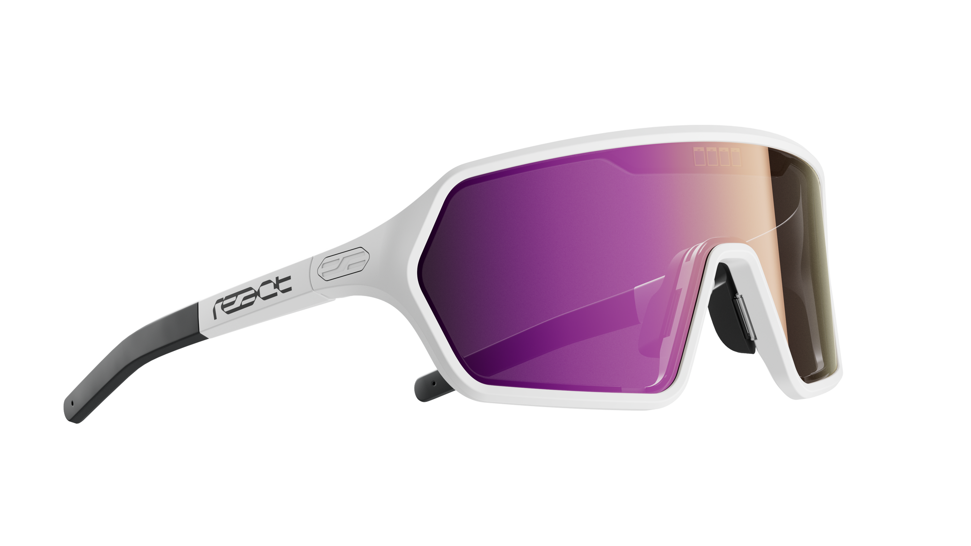 REACT Rev White Sunglasses with white frame and purple tinted lenses designed for outdoor sports and driving comfort