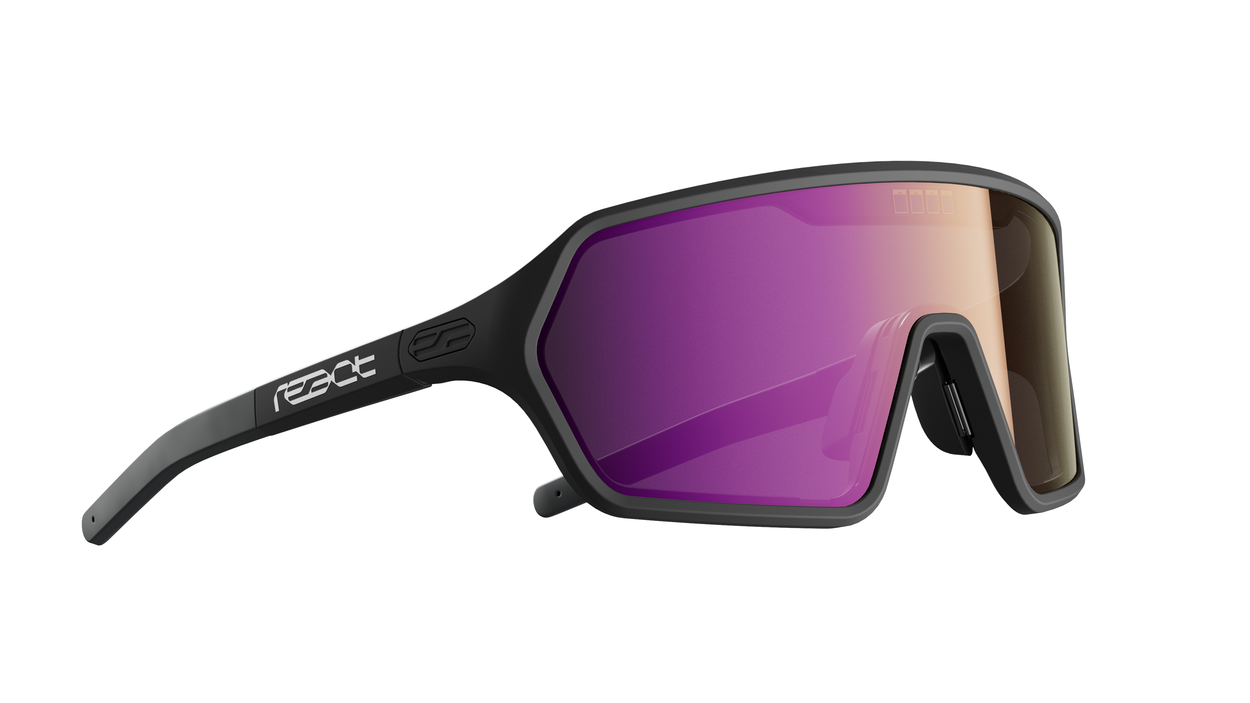REACT Rev Black Sunglasses angled view showing purple tinted lenses and black adjustable temples with logo detail