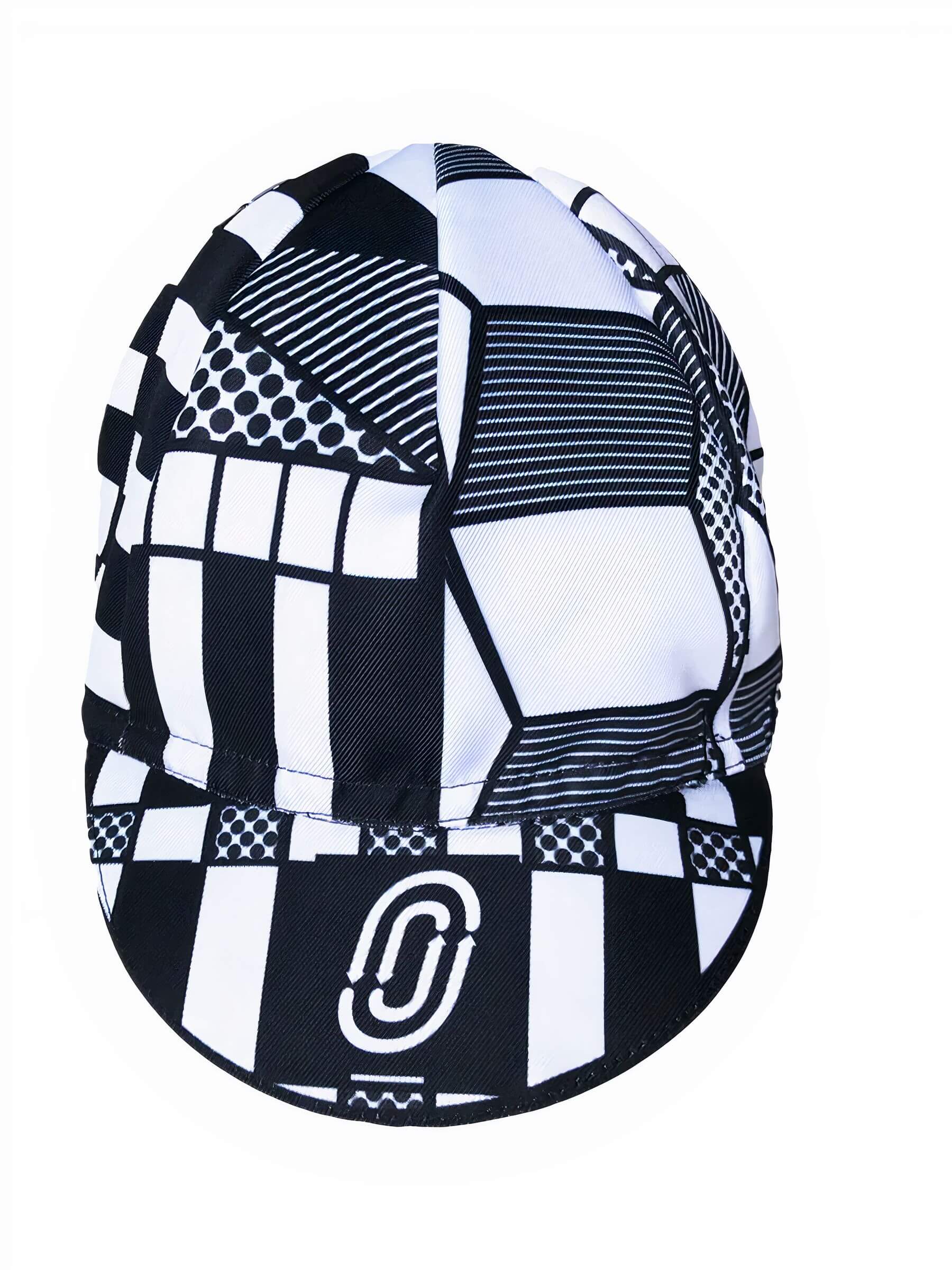Ostroy Letraset Cap featuring bold black and white geometric patterns with retro design inspired by mid-century analog art.