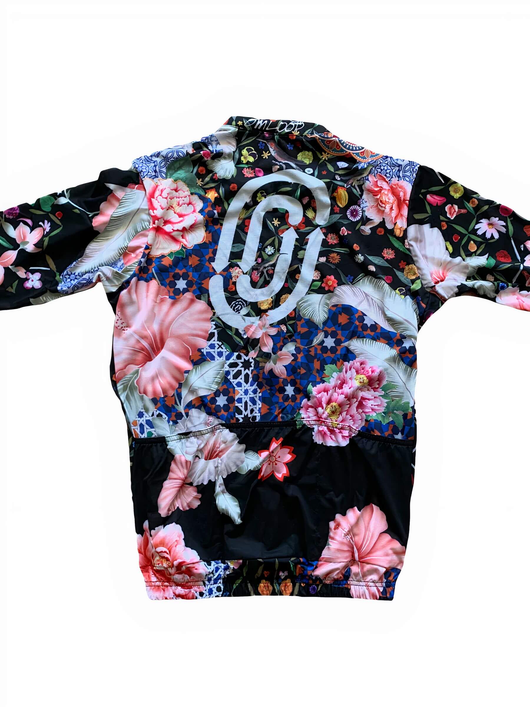 Back view of Ostroy Omloop Jersey - Men's with vibrant floral and geometric pattern and bold logo detail