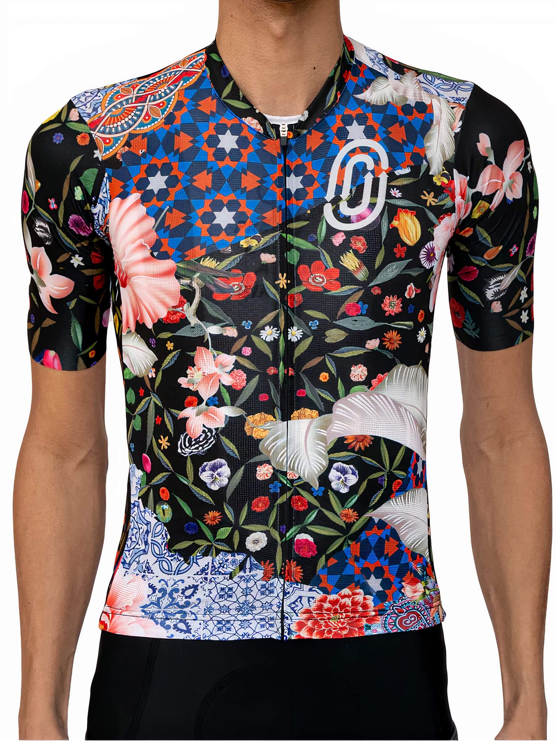 Front view of Ostroy Omloop Jersey - Men's with detailed floral and geometric patterns on cycling fit jersey