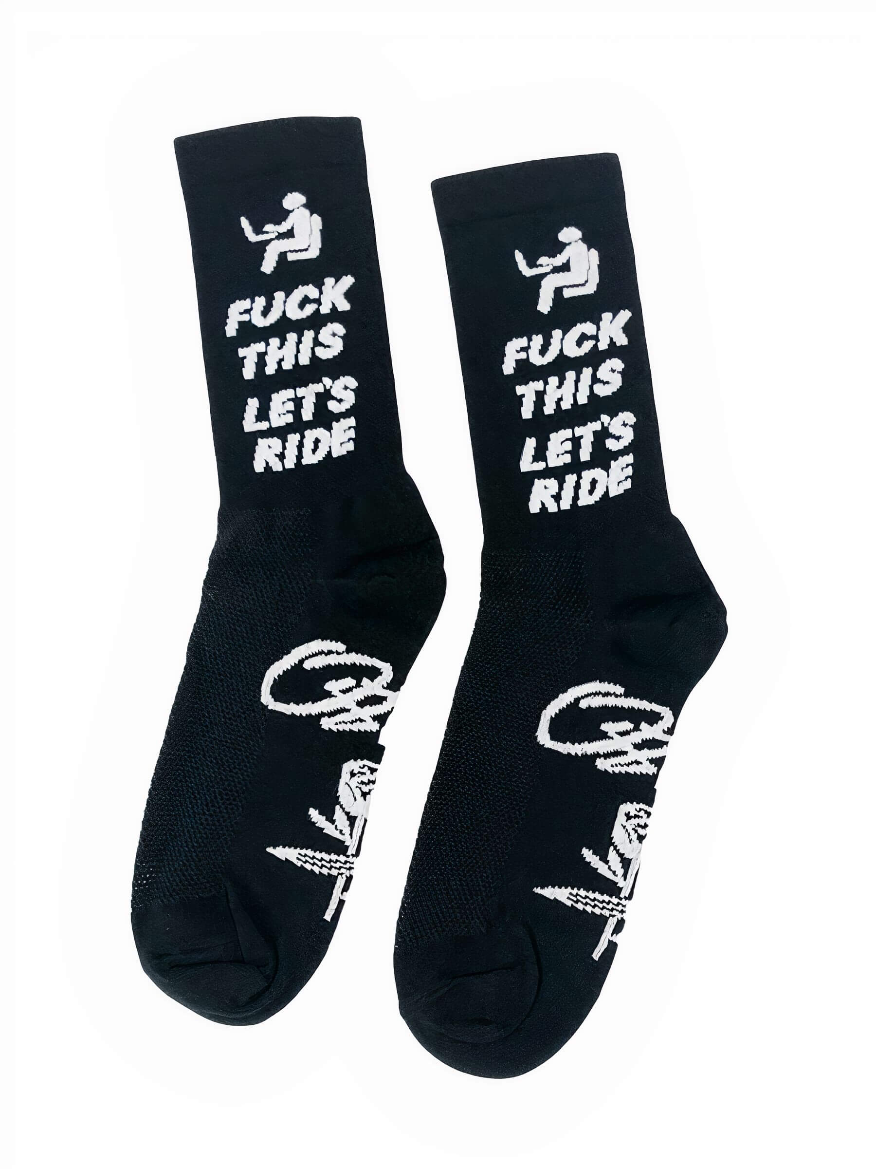 Pair of black Ostroy F This Let's Ride Socks with white bold text and cyclist graphic on lightweight cuff design