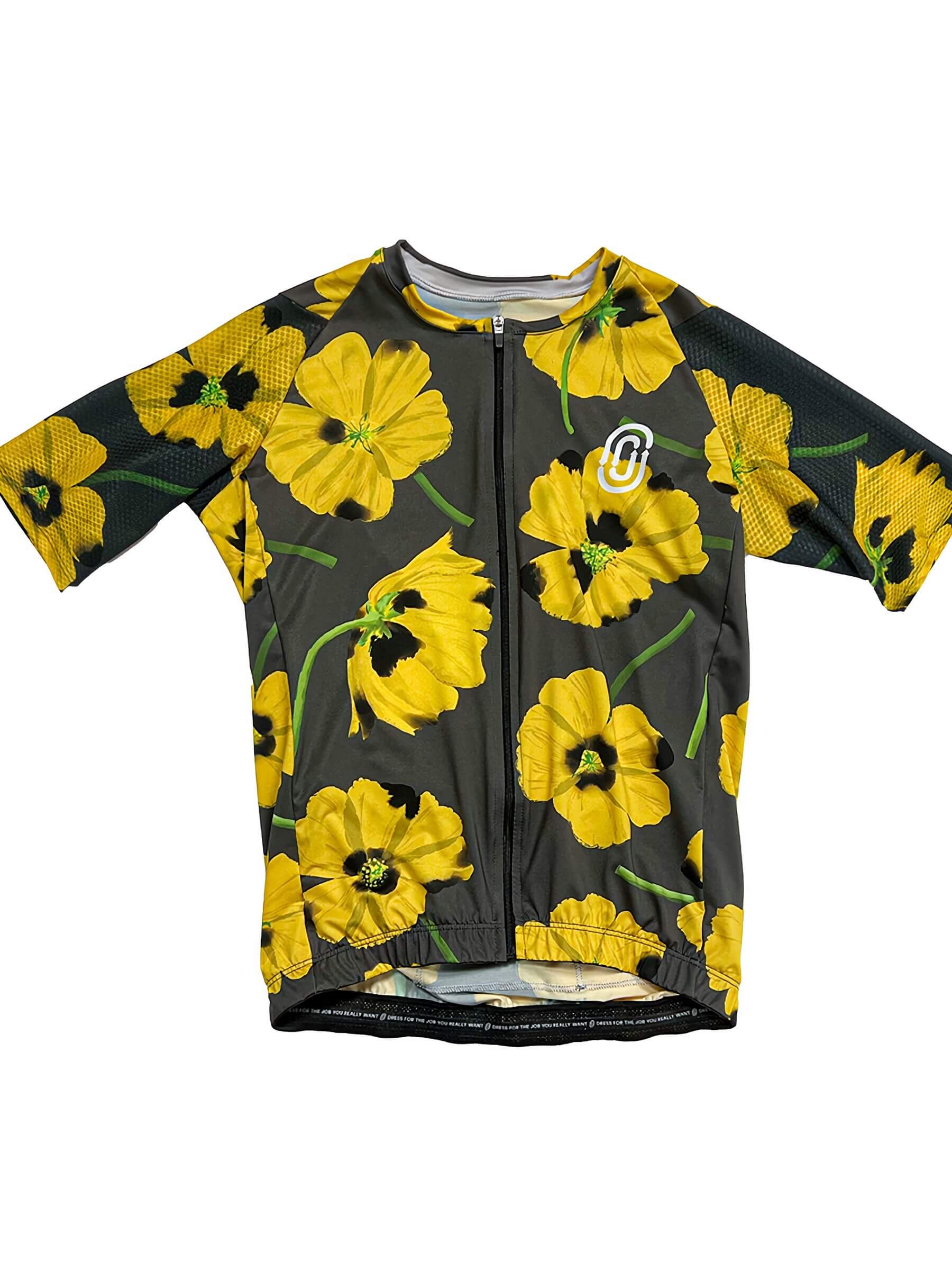 Ostroy Yellow Poppies Jersey - Women's with vibrant yellow poppy design and 3D mesh sleeves on dark background, front view