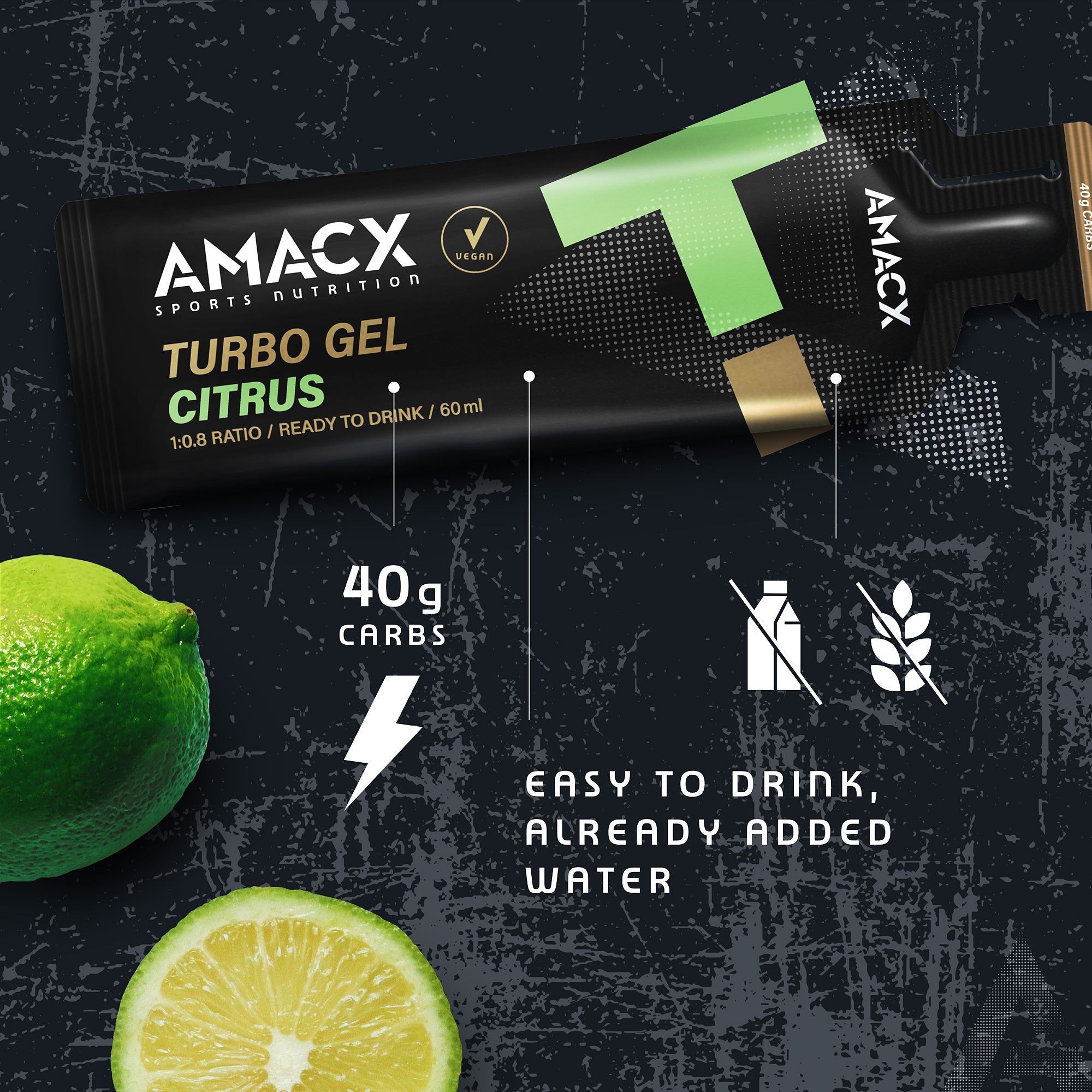 Amacx Turbo Gel Citrus energy gel packet with fresh lime and lemon slices on a dark textured background