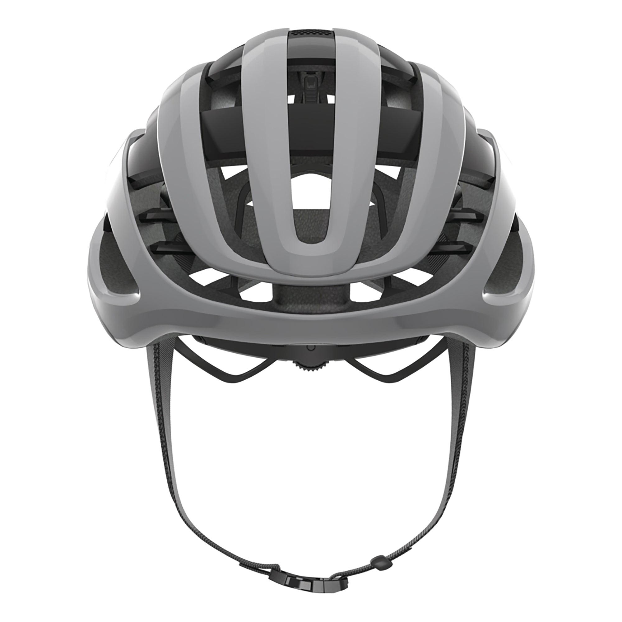 Front view of ABUS AirBreaker Helmet in gray with adjustable straps and ventilation channels for cycling performance
