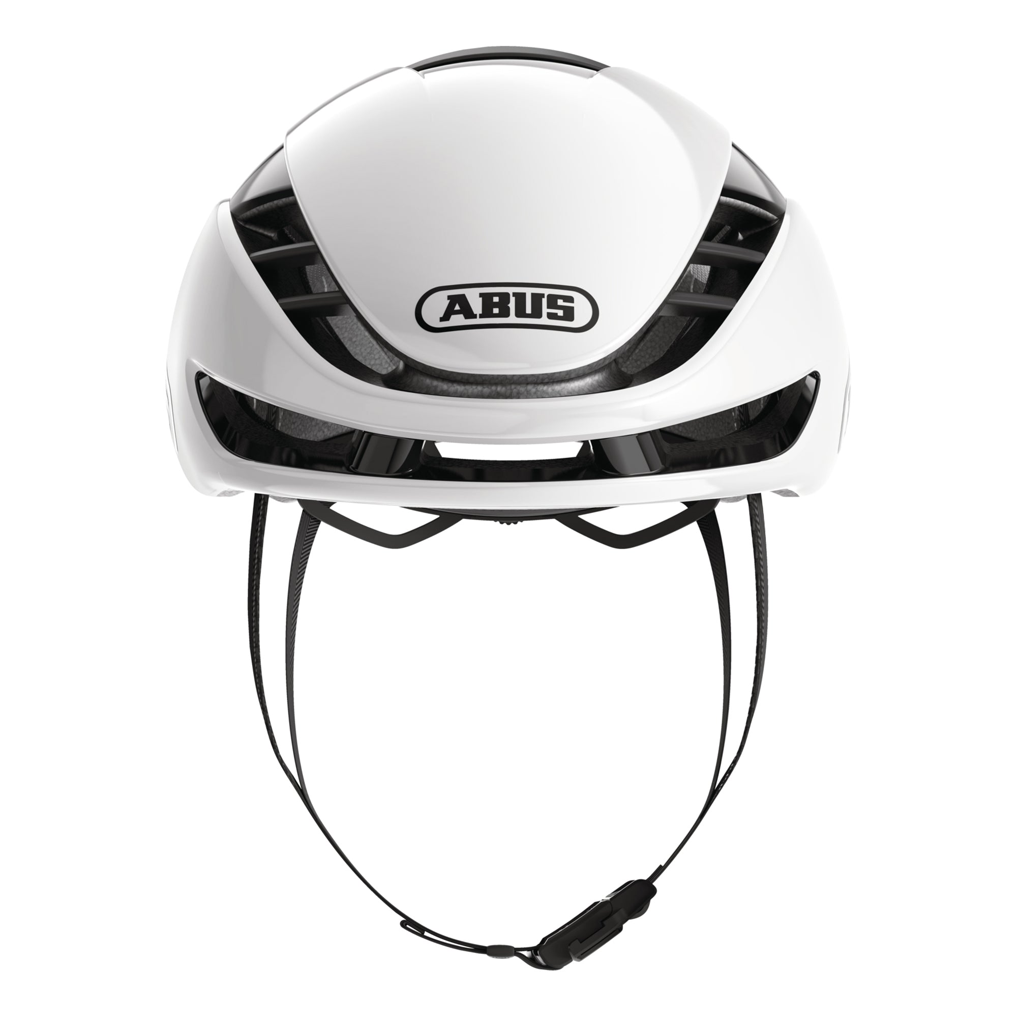 ABUS GameChanger 2.0 MIPS Helmet in white front view showing aerodynamic design and adjustable black straps