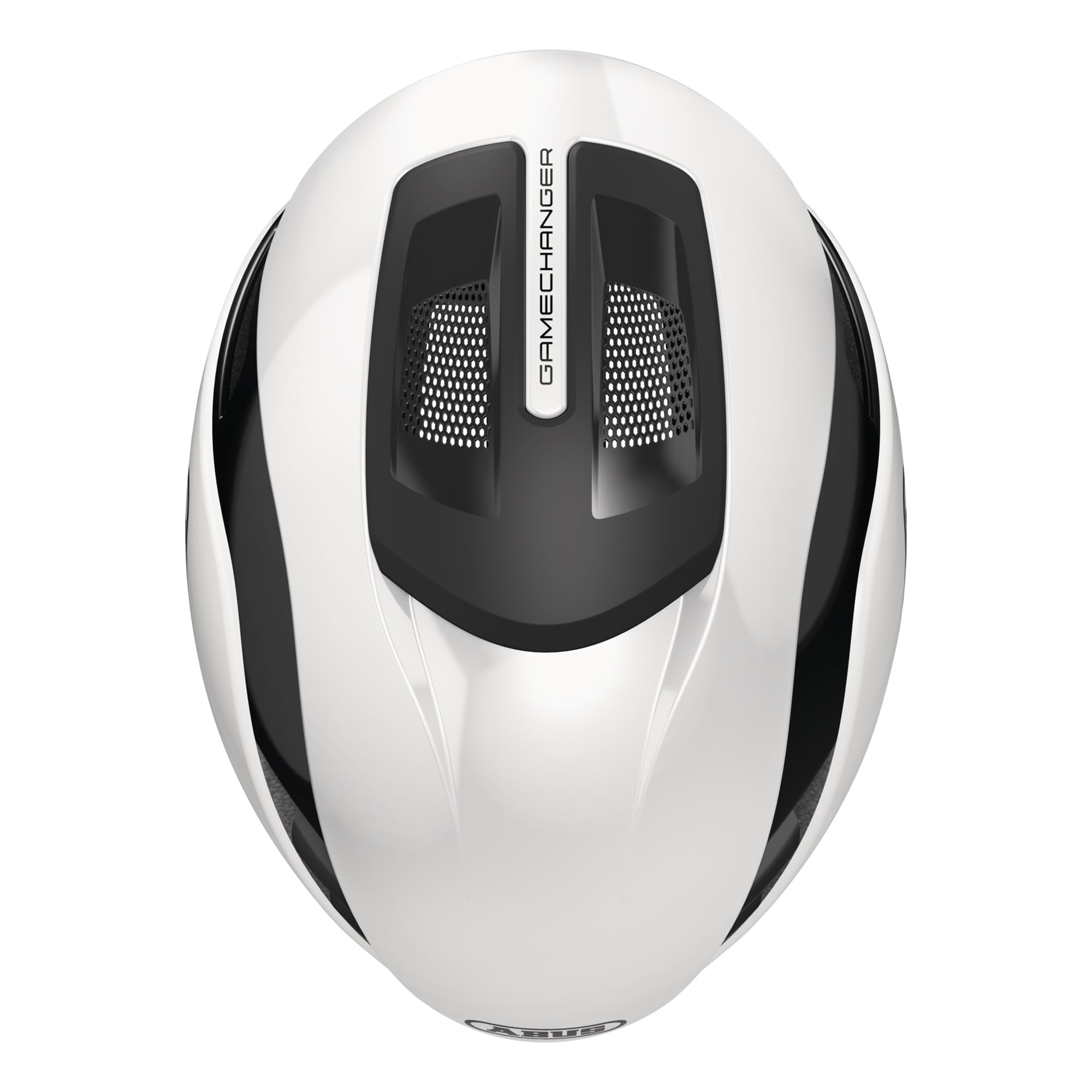 Top view of ABUS GameChanger 2.0 MIPS Helmet in white and black with aerodynamic vents and GameChanger label visible
