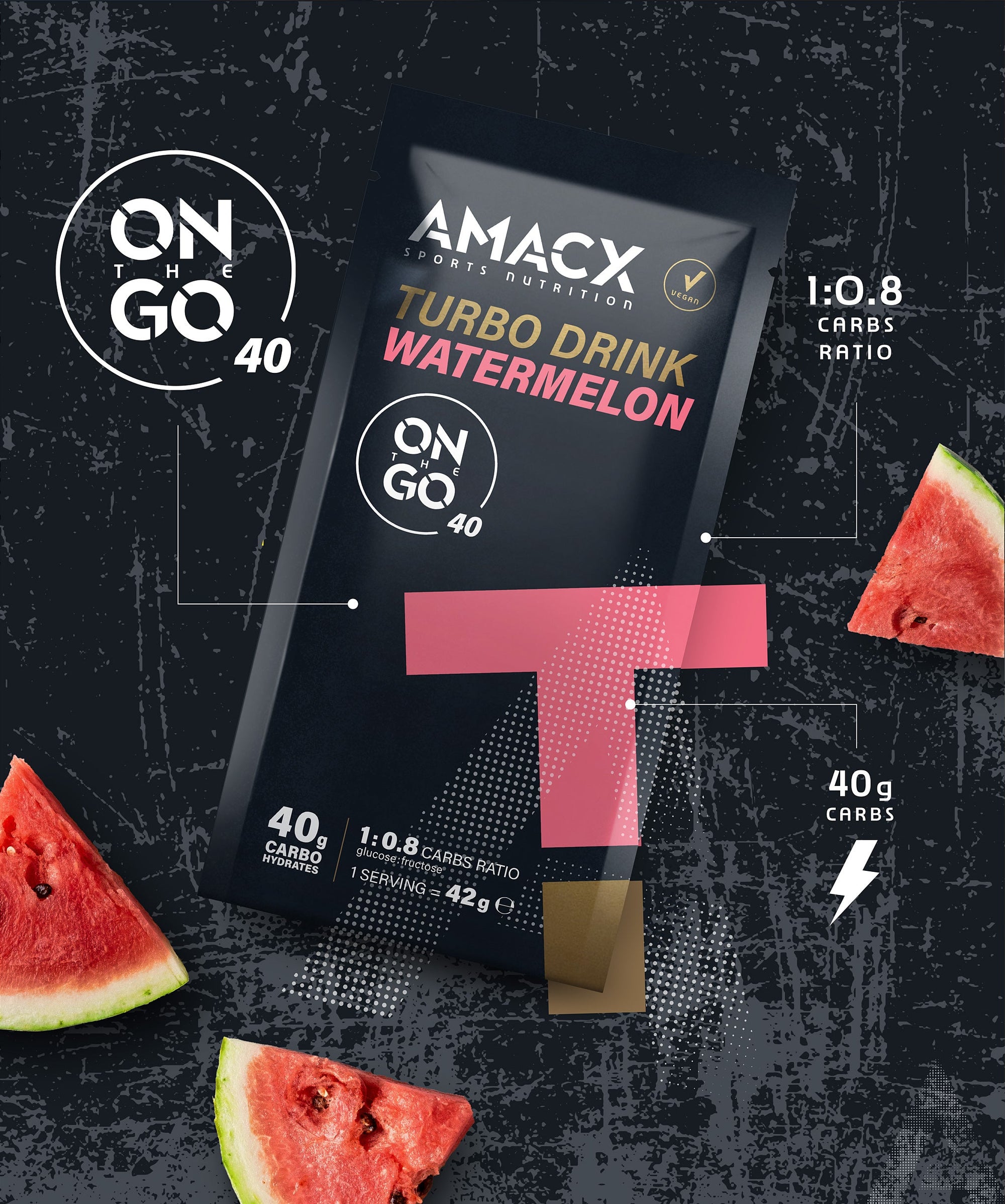 Amacx Turbo Drink On The Go Watermelon packet surrounded by watermelon slices on a dark textured background