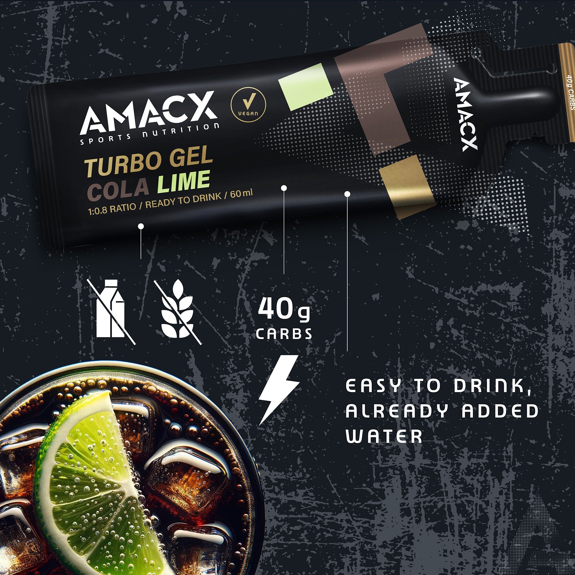 Amacx Turbo Gel Cola Lime energy gel sachet next to a glass of cola with lime slice on black background