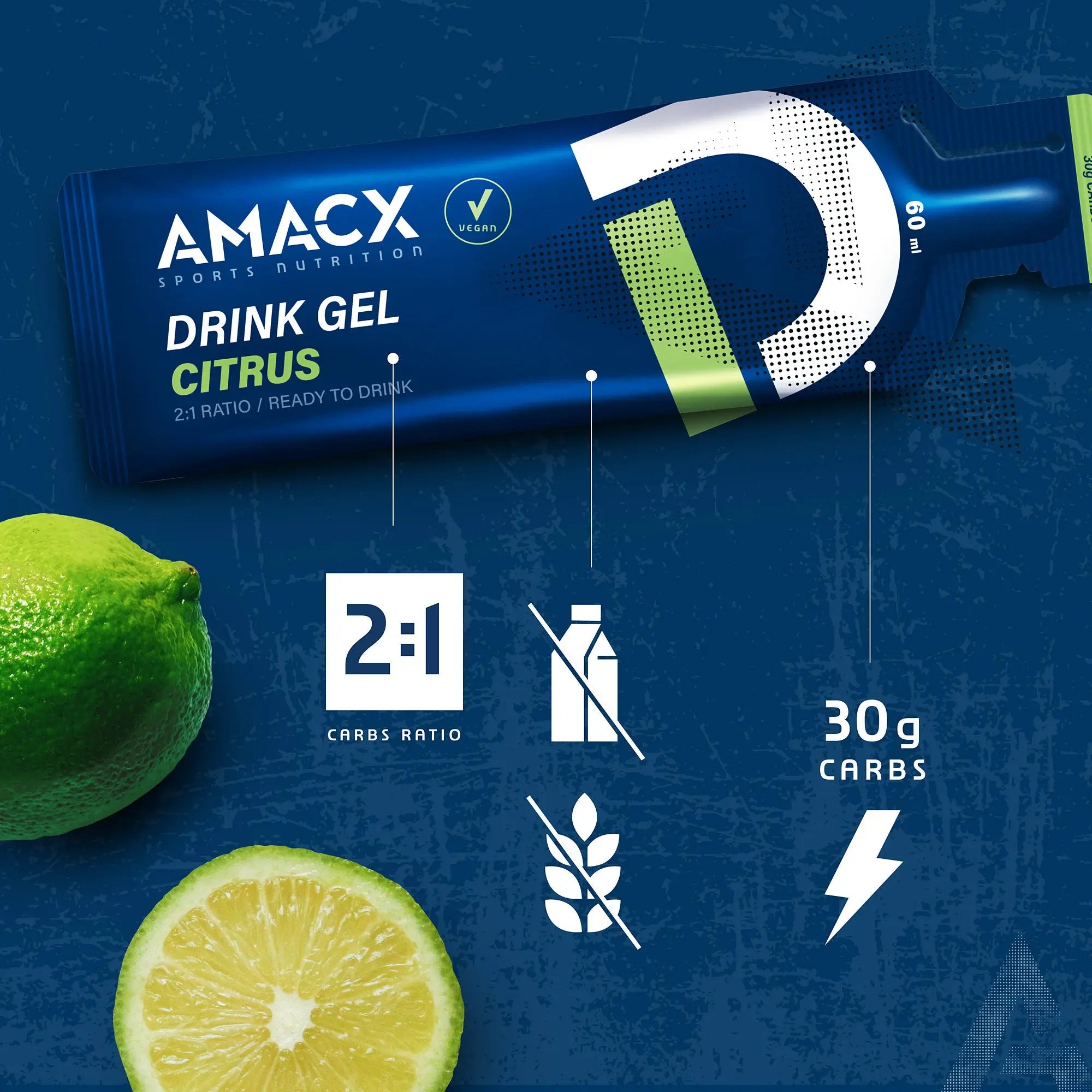 Amacx Drink Gel Citrus energy gel pack with citrus fruits highlighting carb content and vegan label