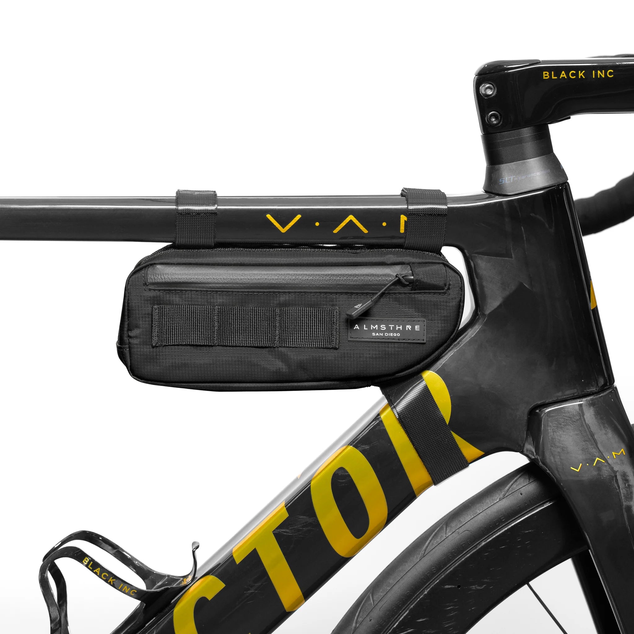 ALMSTHRE Compact Frame Bag mounted on black and yellow bike frame with secure strap attachments and zippered pocket