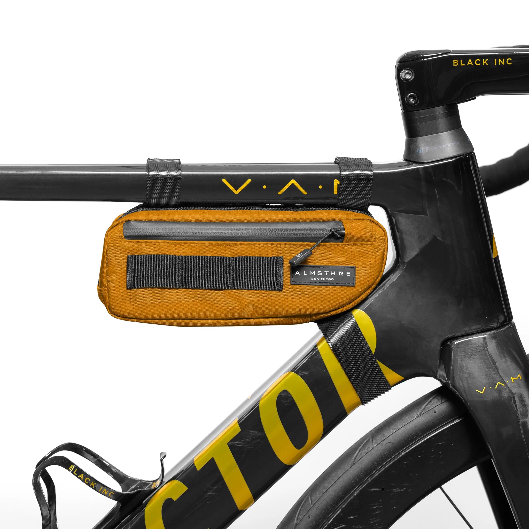 ALMSTHRE Compact Frame Bag mounted on black and yellow bike frame with top and side straps and zippered pocket