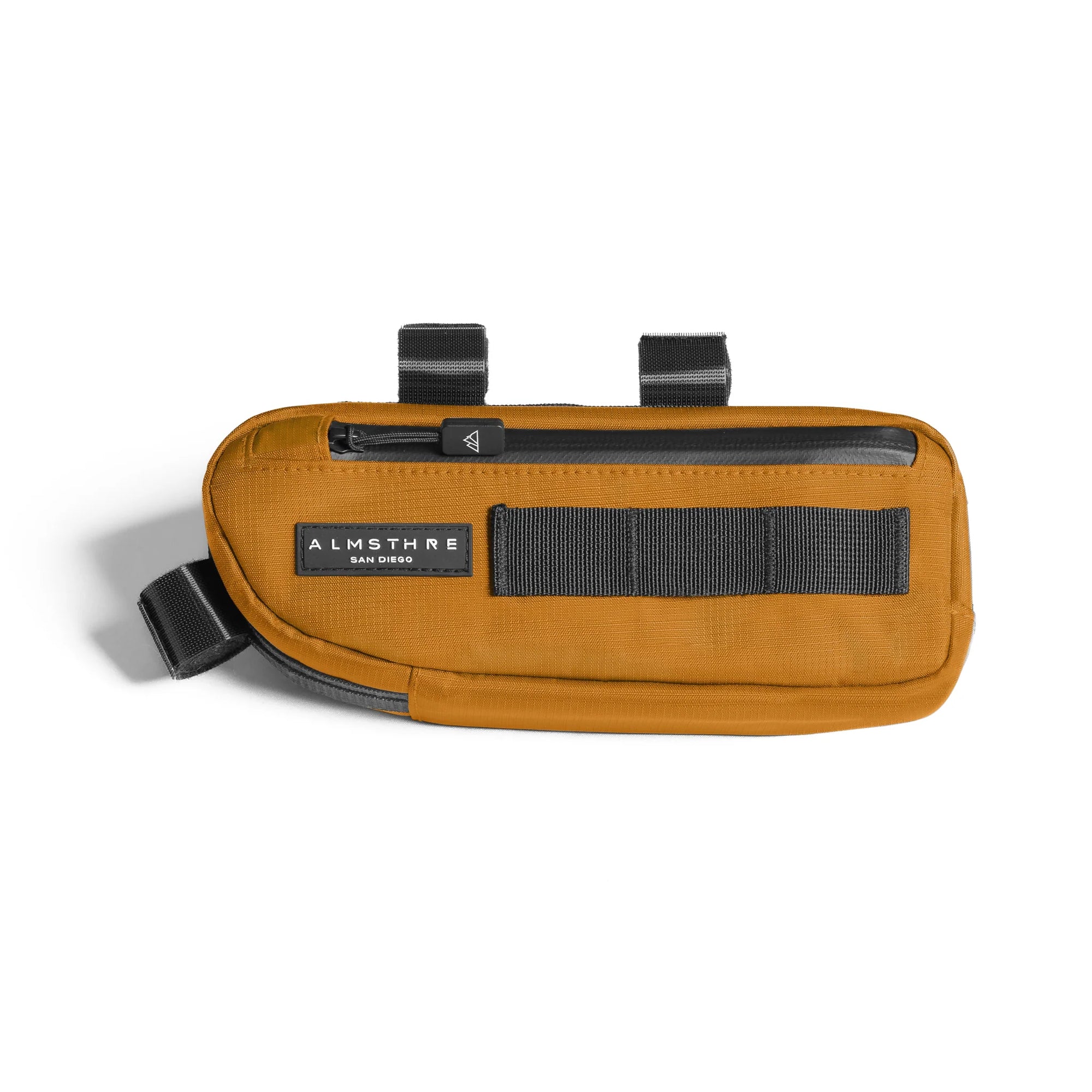 ALMSTHRE Compact Frame Bag in rust color with zippered main compartment and black attachment straps against white background