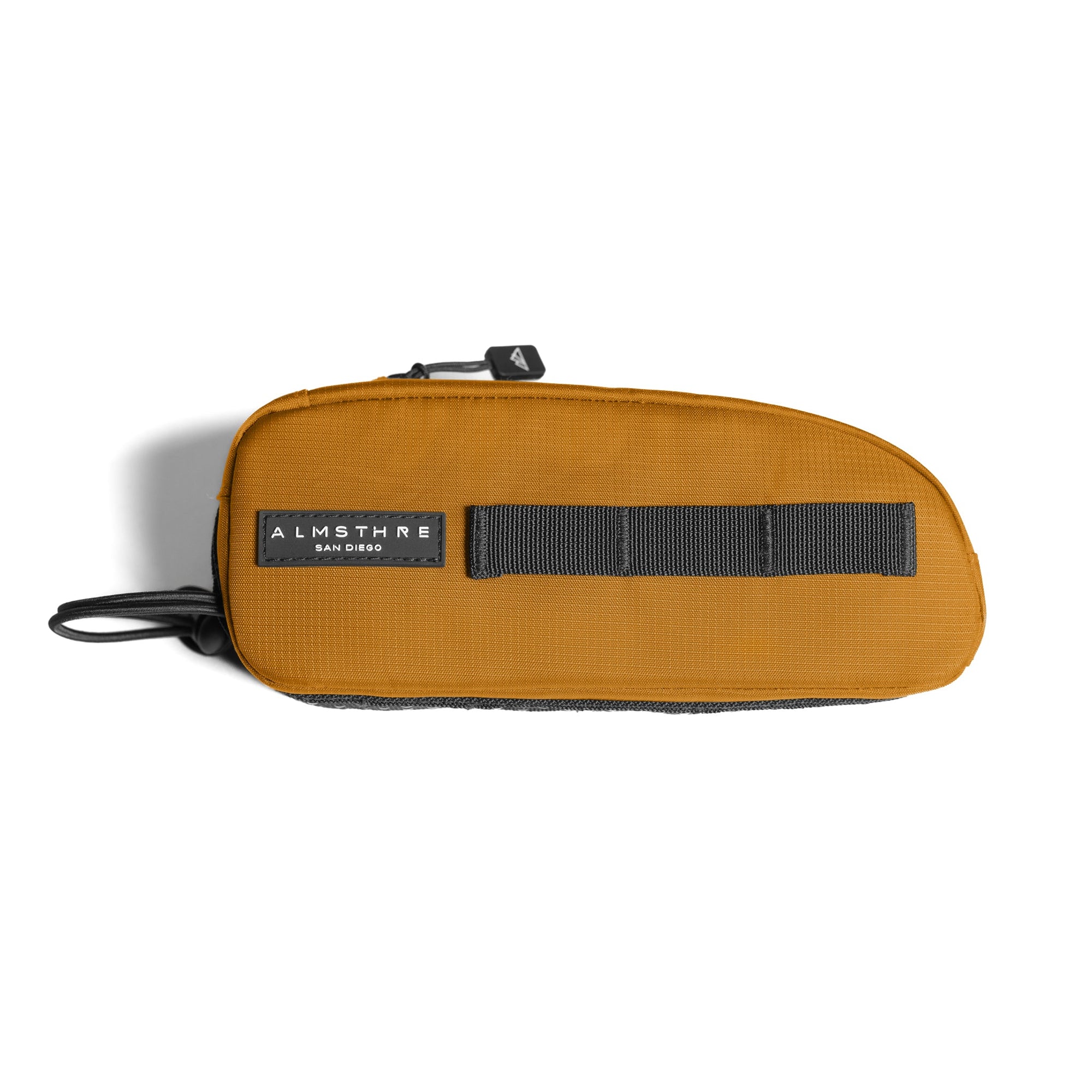 ALMSTHRE Top Tube Bag in burnt orange with zipper closure and black webbing strap for secure bike storage