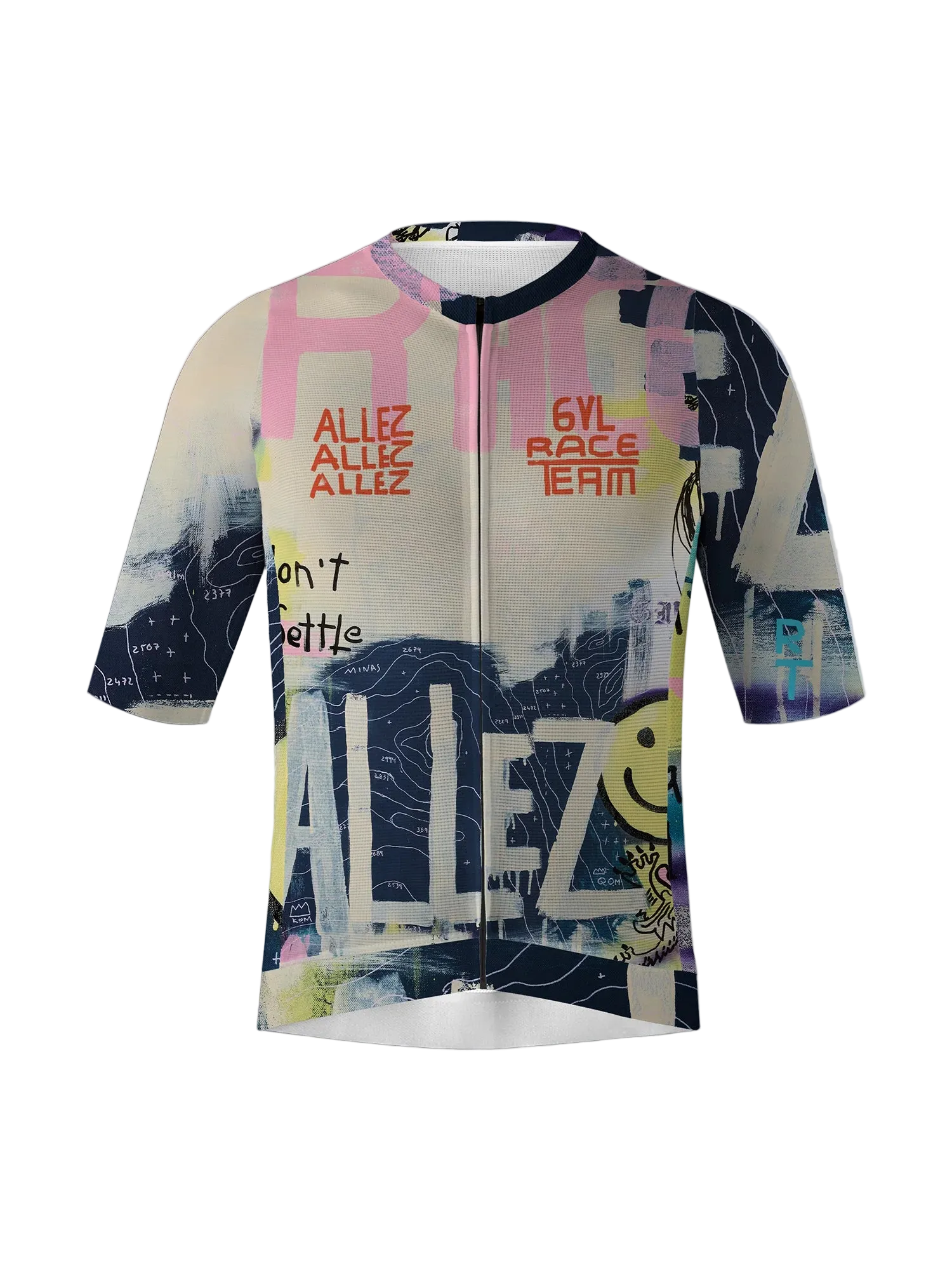 Colorful cycling jersey with text and graphics on a light gray background